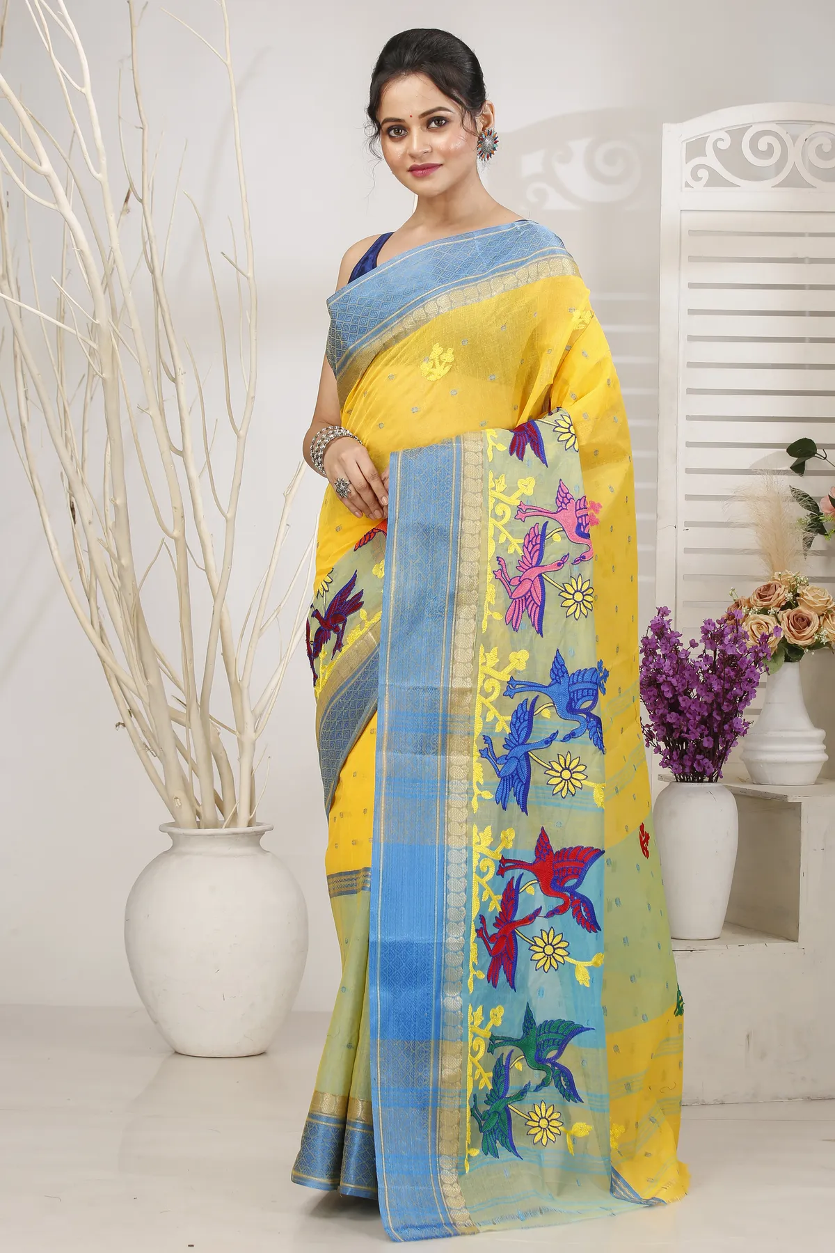 DipDiya Pure Cotton Light Yellow Embi Ganga Bok Woven with Love Embroidery Tant Sarees