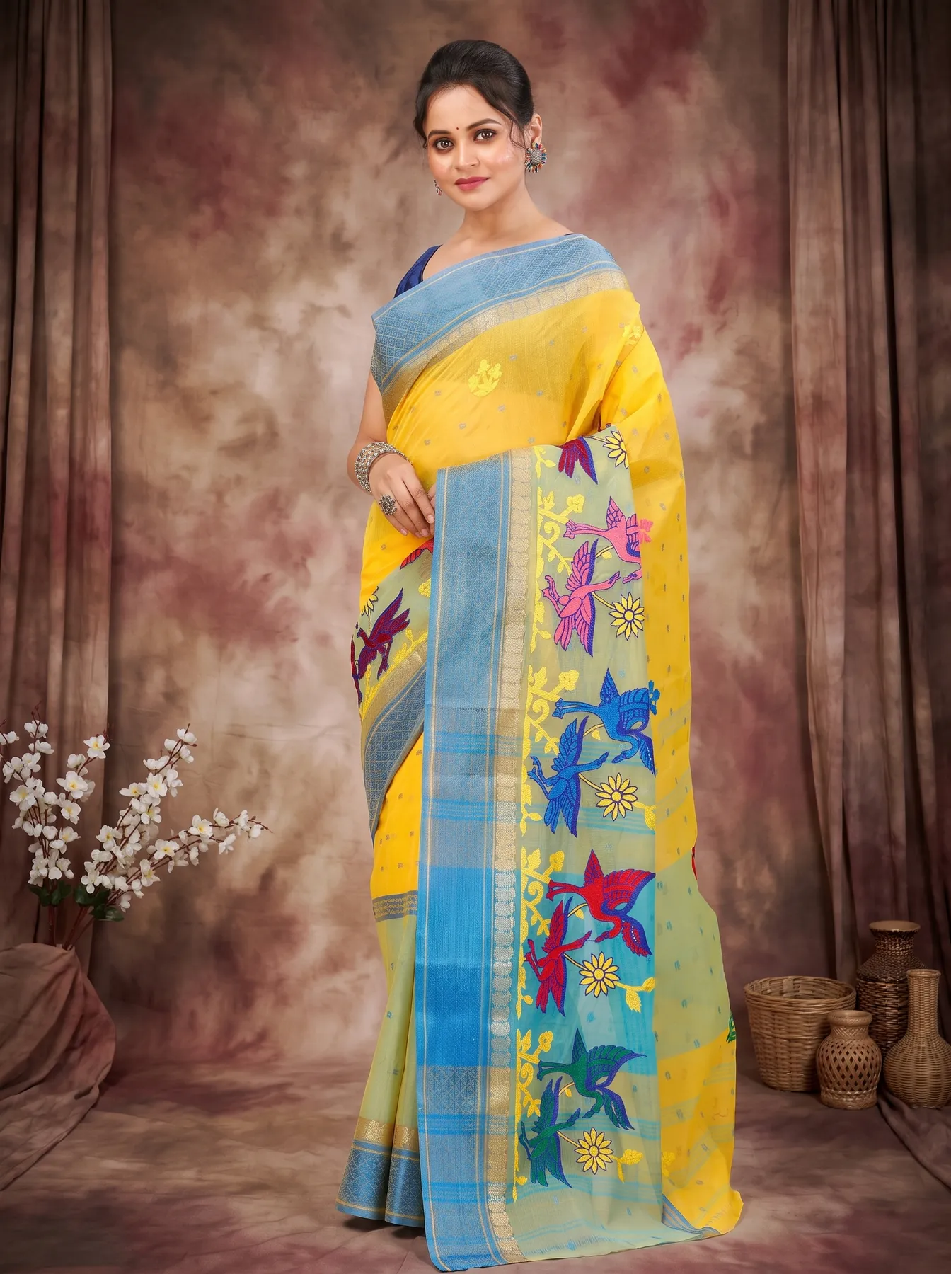 DipDiya Pure Cotton Light Yellow Embi Ganga Bok Woven with Love Embroidery Tant Sarees