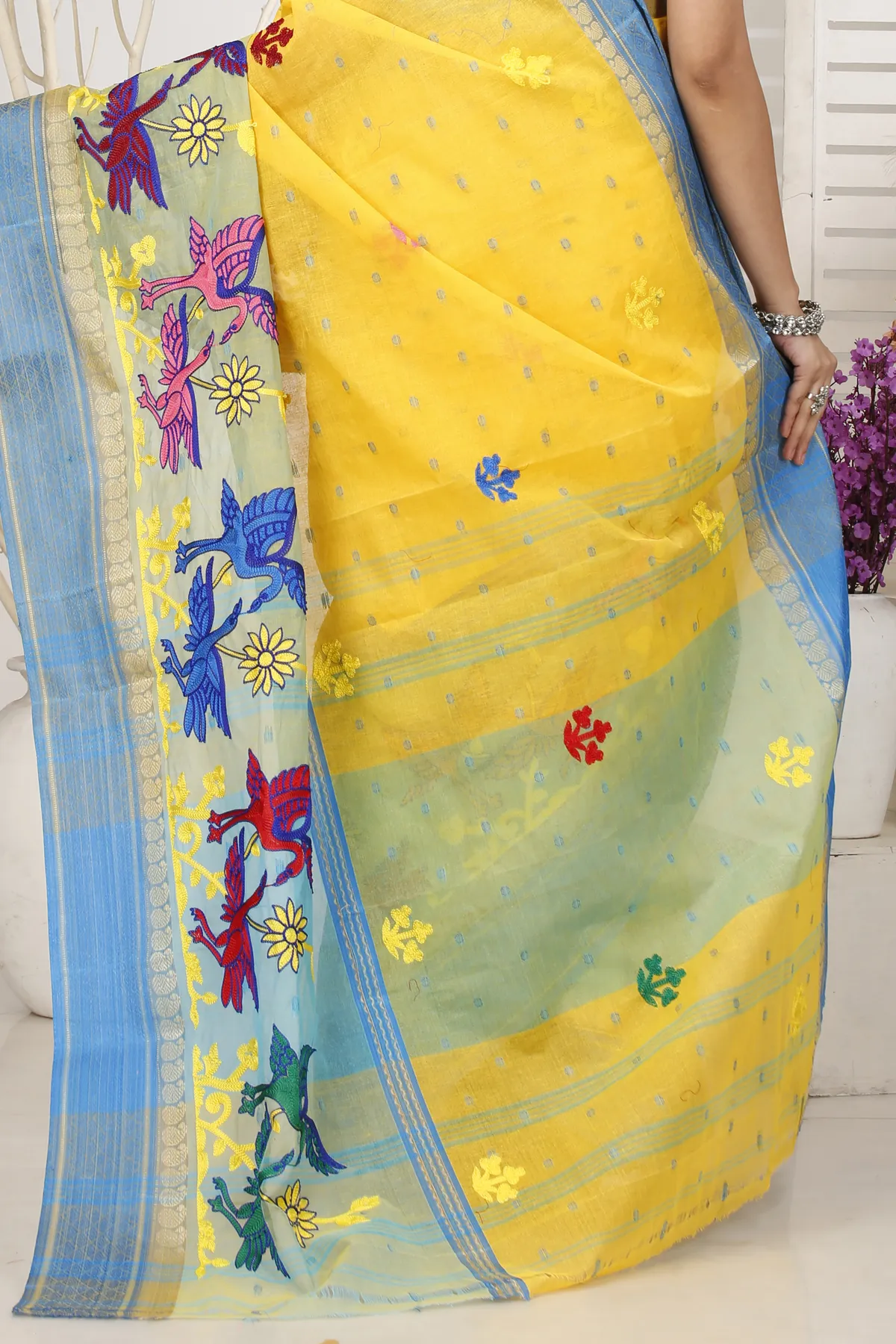 DipDiya Pure Cotton Light Yellow Embi Ganga Bok Woven with Love Embroidery Tant Sarees
