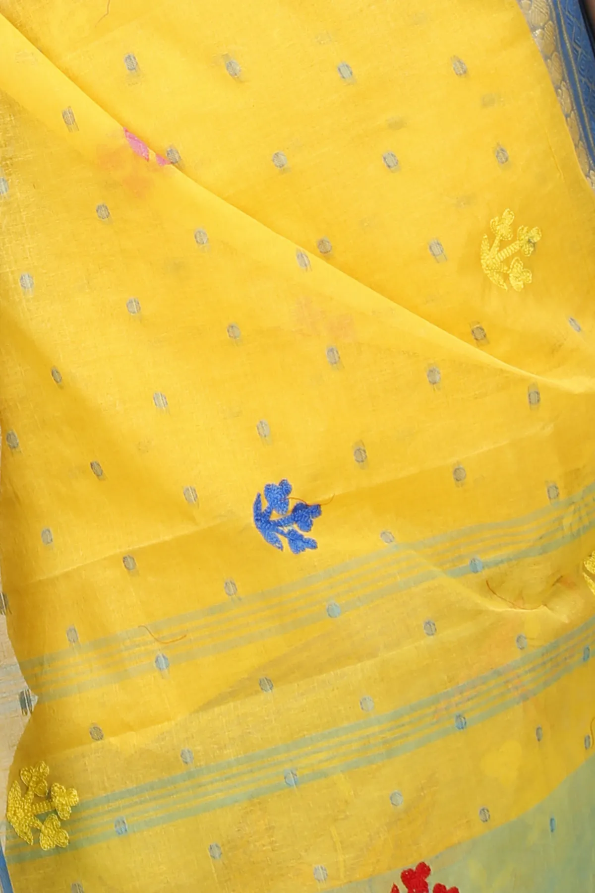 DipDiya Pure Cotton Light Yellow Embi Ganga Bok Woven with Love Embroidery Tant Sarees