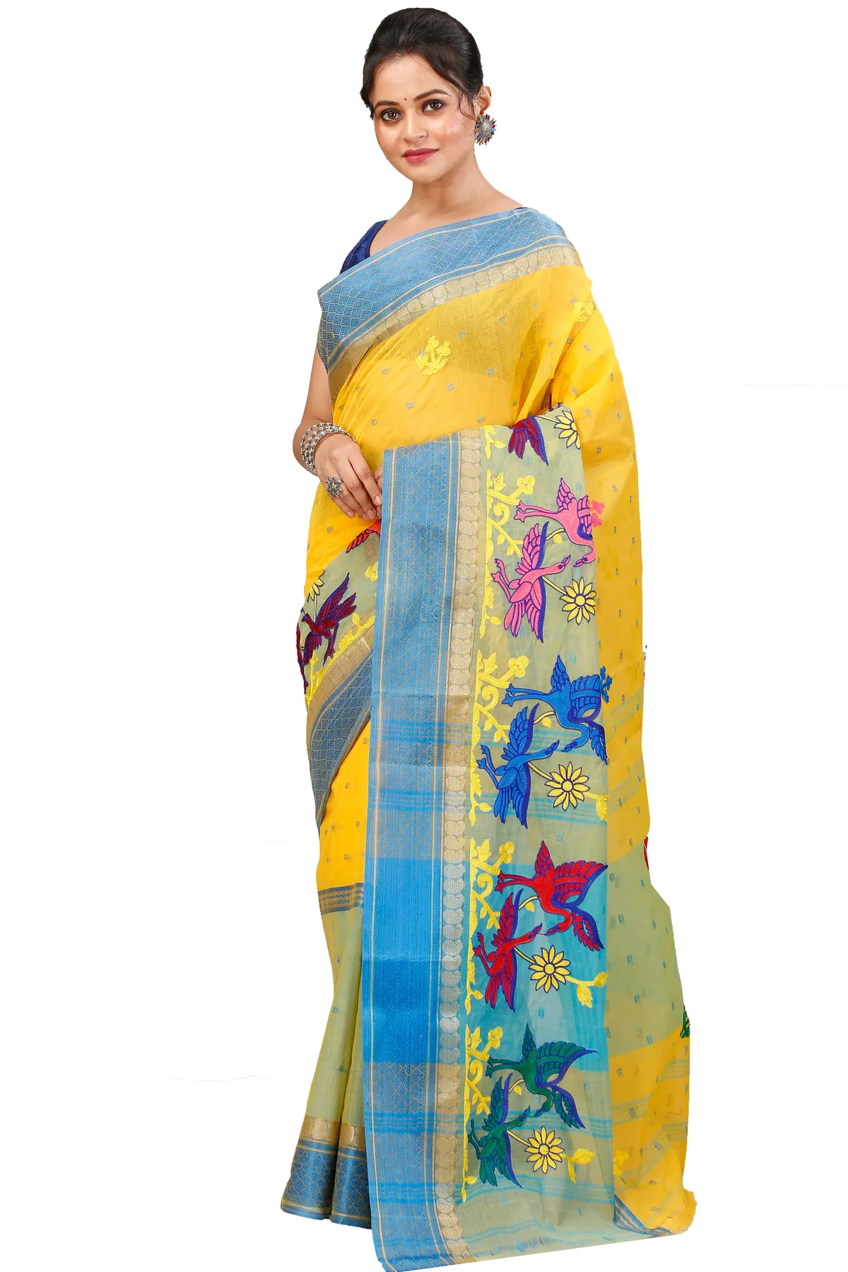 DipDiya Pure Cotton Light Yellow Embi Ganga Bok Woven with Love Embroidery Tant Sarees