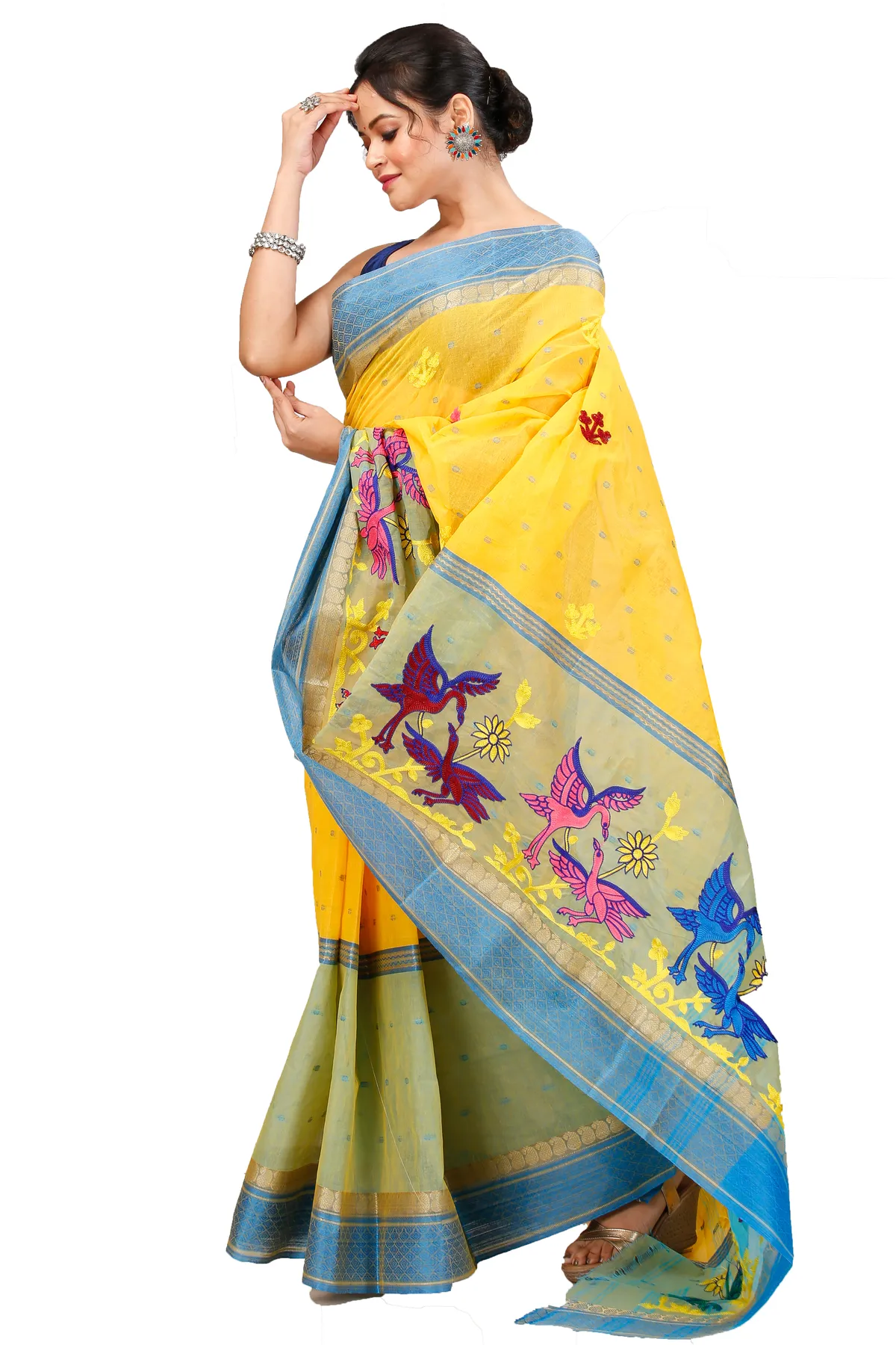 DipDiya Pure Cotton Light Yellow Embi Ganga Bok Woven with Love Embroidery Tant Sarees