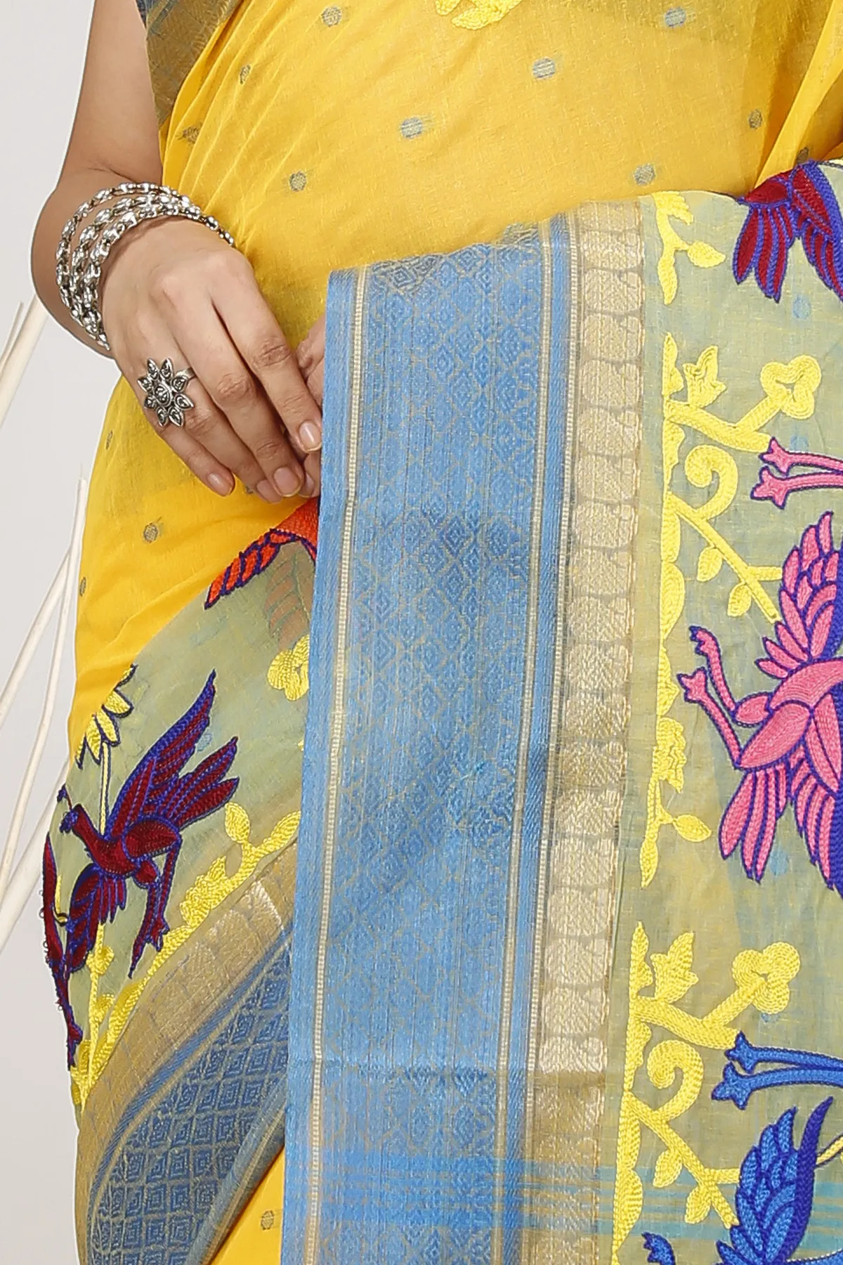 DipDiya Pure Cotton Light Yellow Embi Ganga Bok Woven with Love Embroidery Tant Sarees