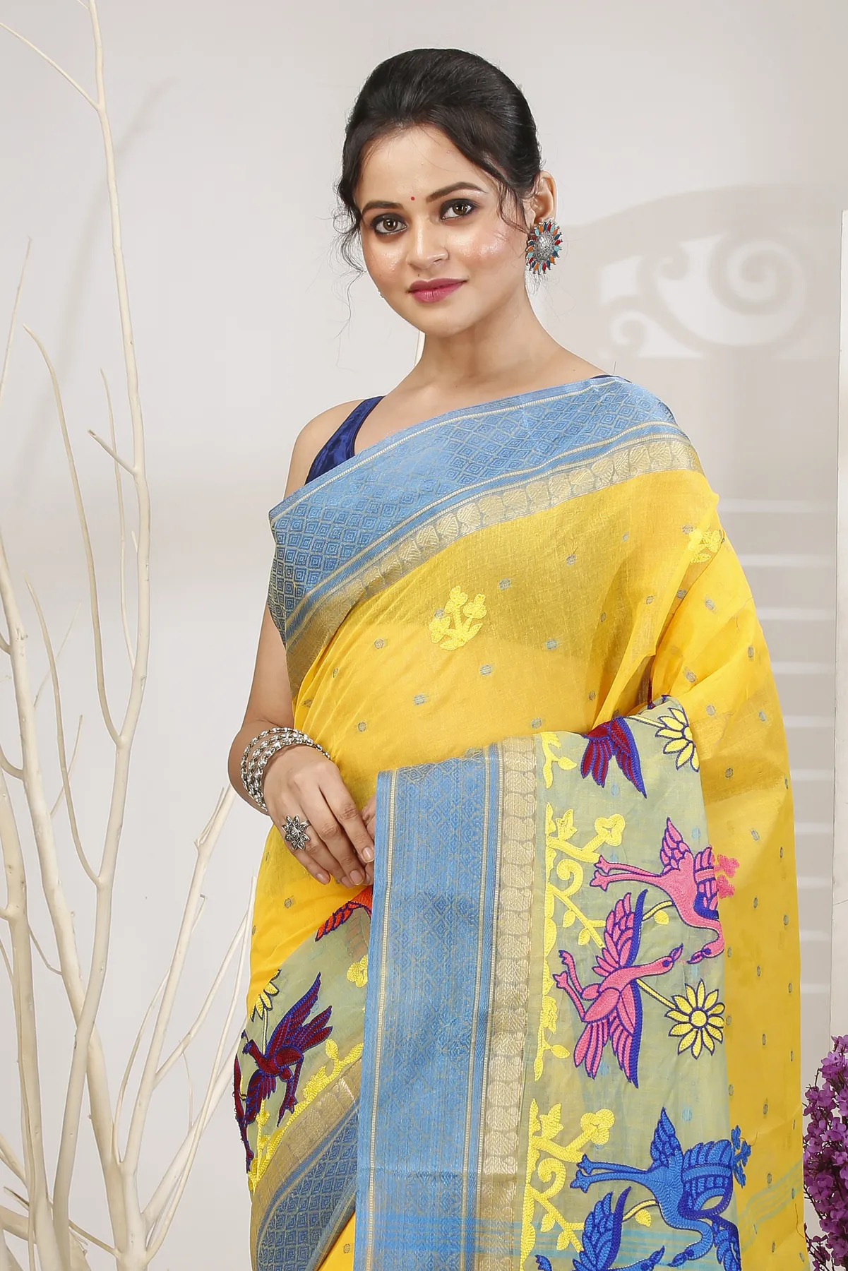 DipDiya Pure Cotton Light Yellow Embi Ganga Bok Woven with Love Embroidery Tant Sarees