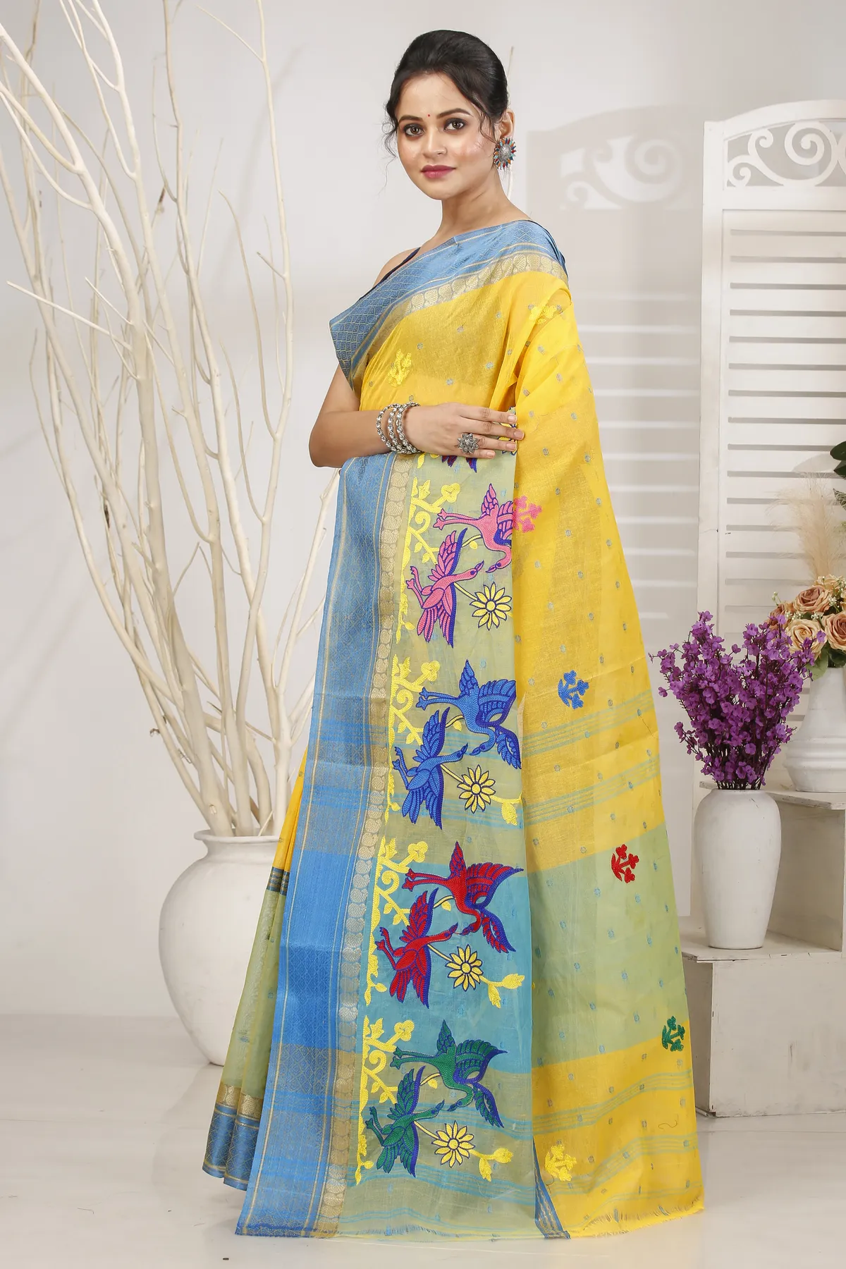 DipDiya Pure Cotton Light Yellow Embi Ganga Bok Woven with Love Embroidery Tant Sarees