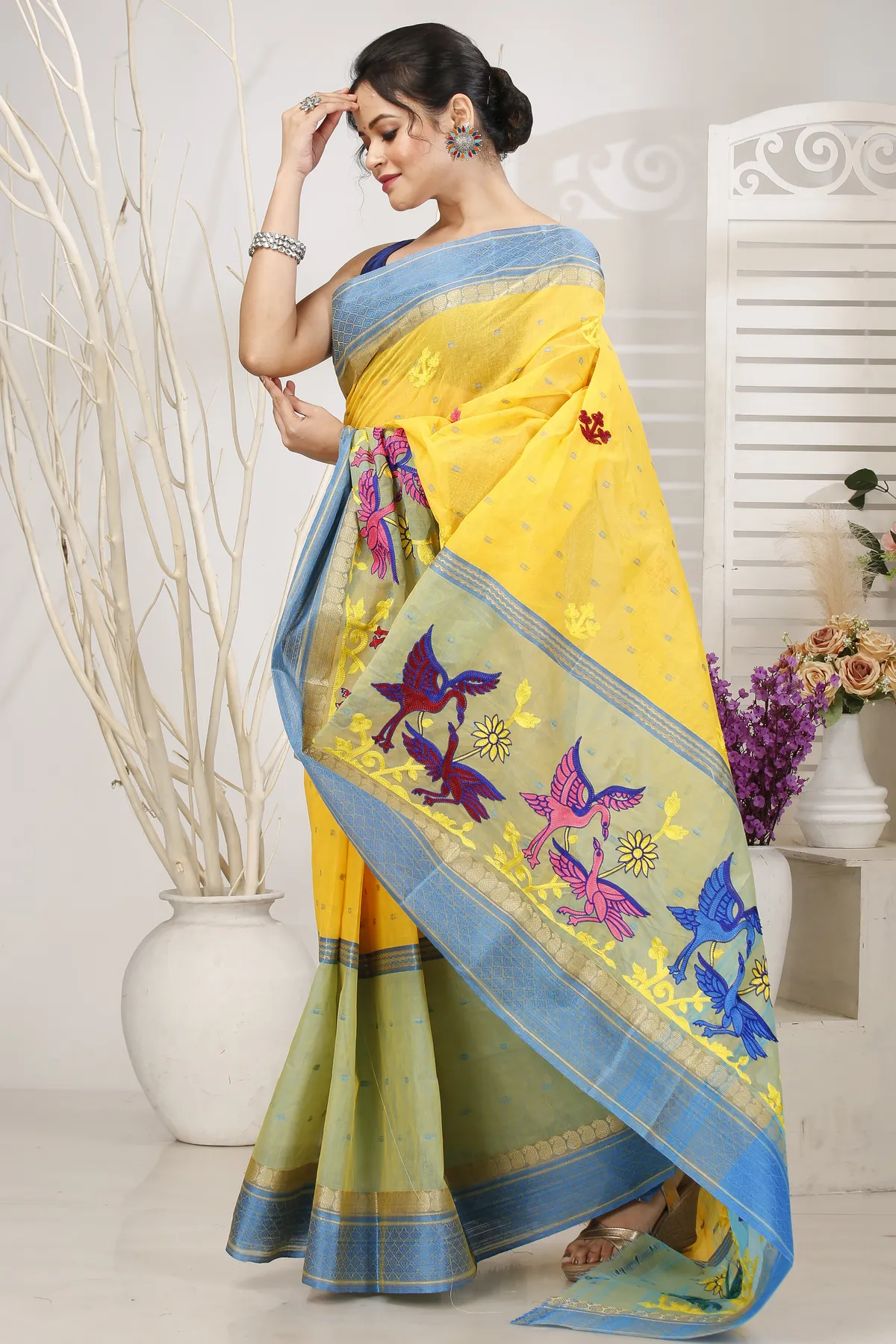 DipDiya Pure Cotton Light Yellow Embi Ganga Bok Woven with Love Embroidery Tant Sarees