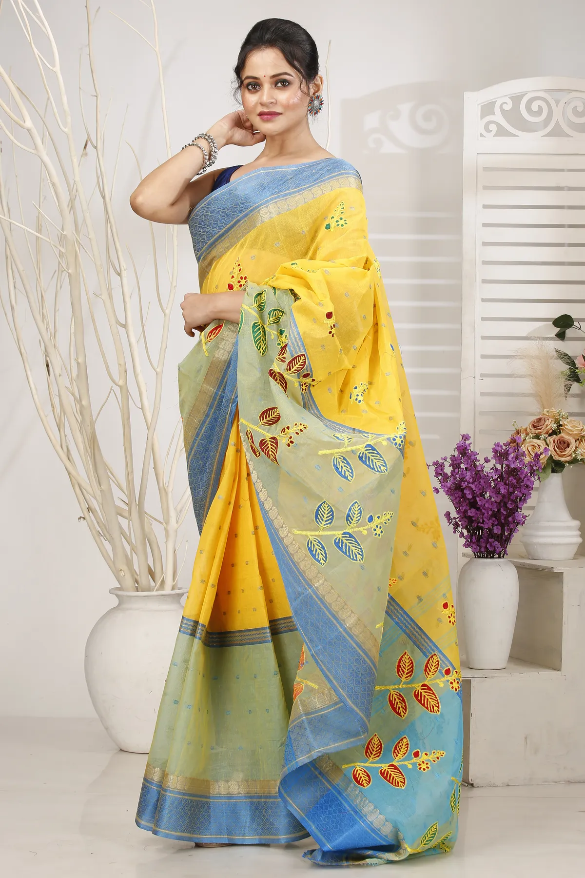 DipDiya Pure Cotton Light Yellow Embi Ganga Pata A Legacy Woven Embroidery Tant Sarees