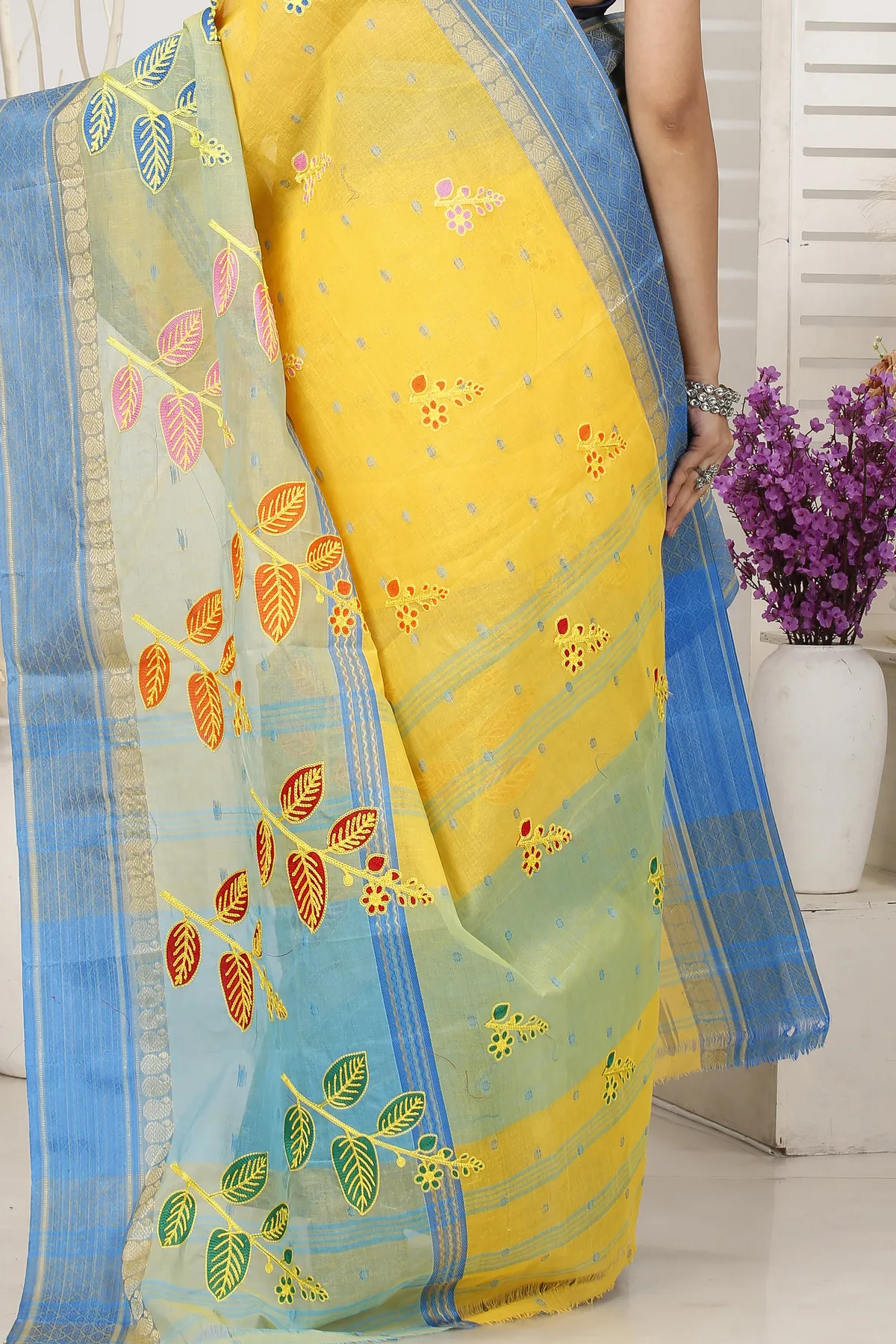 DipDiya Pure Cotton Light Yellow Embi Ganga Pata A Legacy Woven Embroidery Tant Sarees
