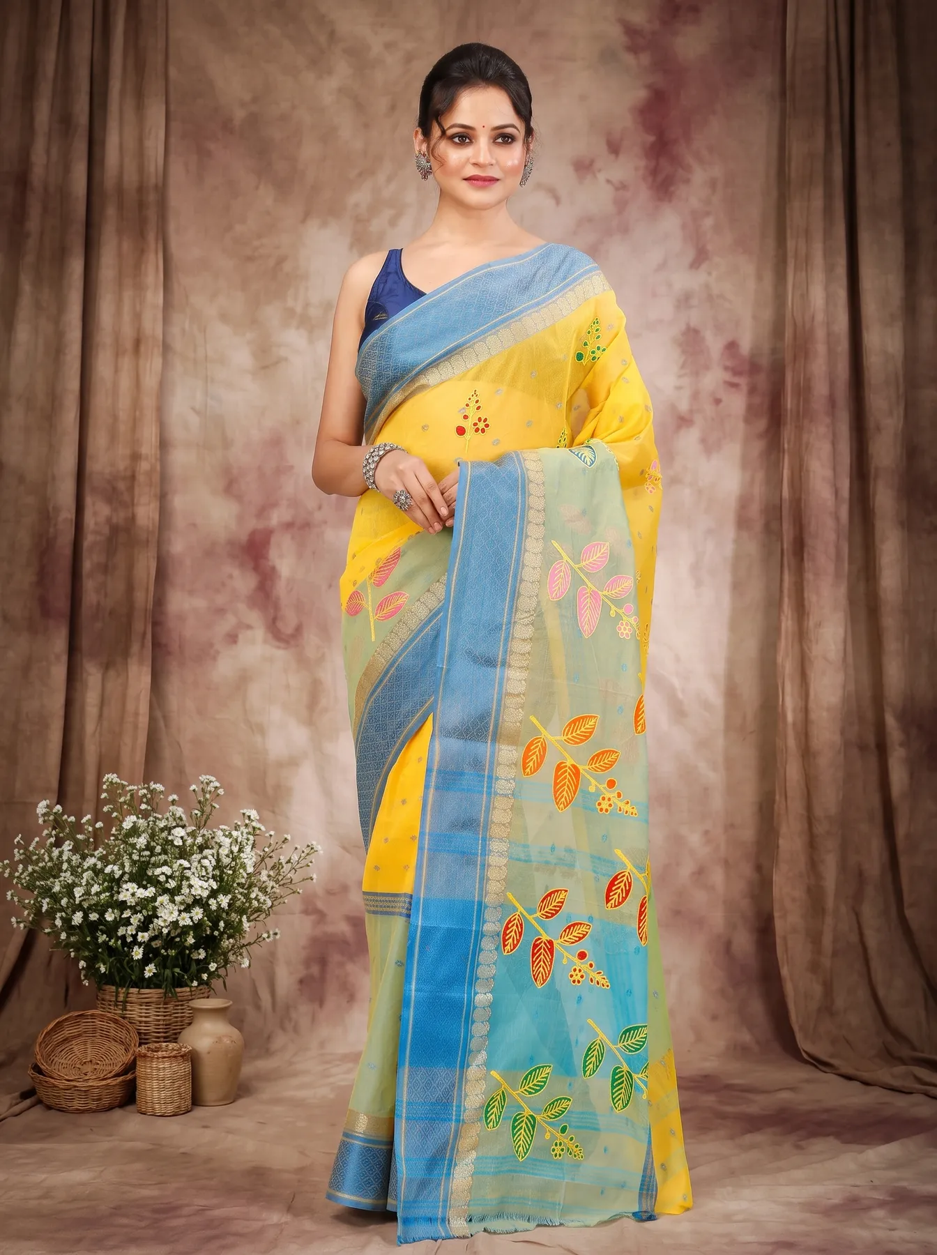 DipDiya Pure Cotton Light Yellow Embi Ganga Pata A Legacy Woven Embroidery Tant Sarees