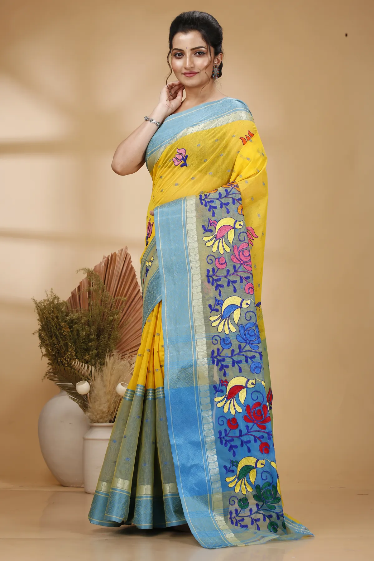 DipDiya Pure Cotton Light Yellow Embi Ganga Sib Timeless Elegance Embroidery Tant Sarees