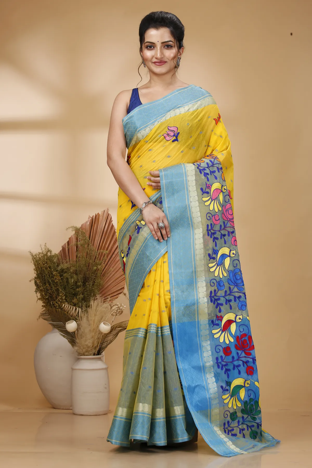 DipDiya Pure Cotton Light Yellow Embi Ganga Sib Timeless Elegance Embroidery Tant Sarees