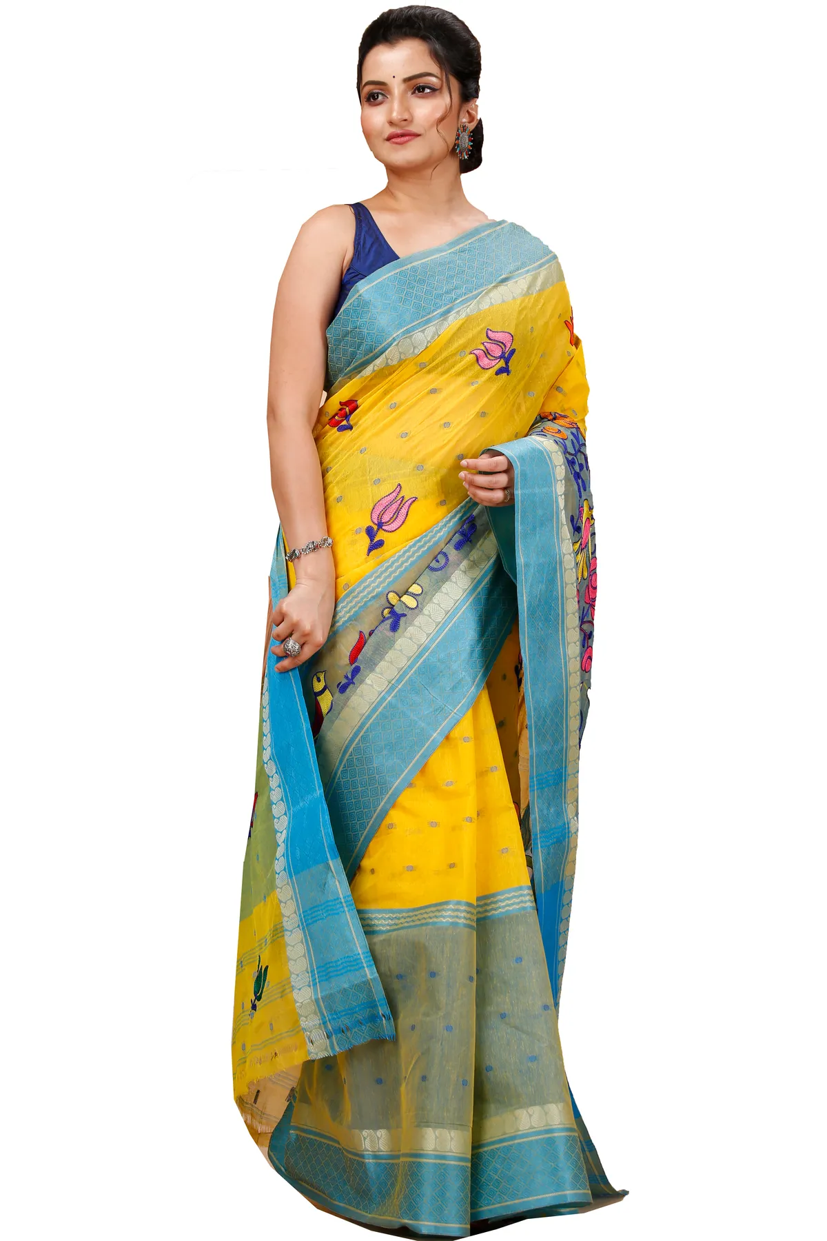 DipDiya Pure Cotton Light Yellow Embi Ganga Sib Timeless Elegance Embroidery Tant Sarees
