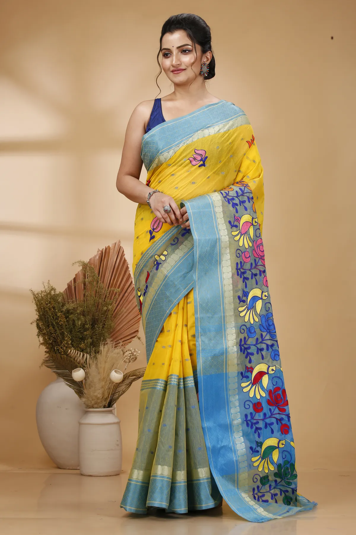 DipDiya Pure Cotton Light Yellow Embi Ganga Sib Timeless Elegance Embroidery Tant Sarees