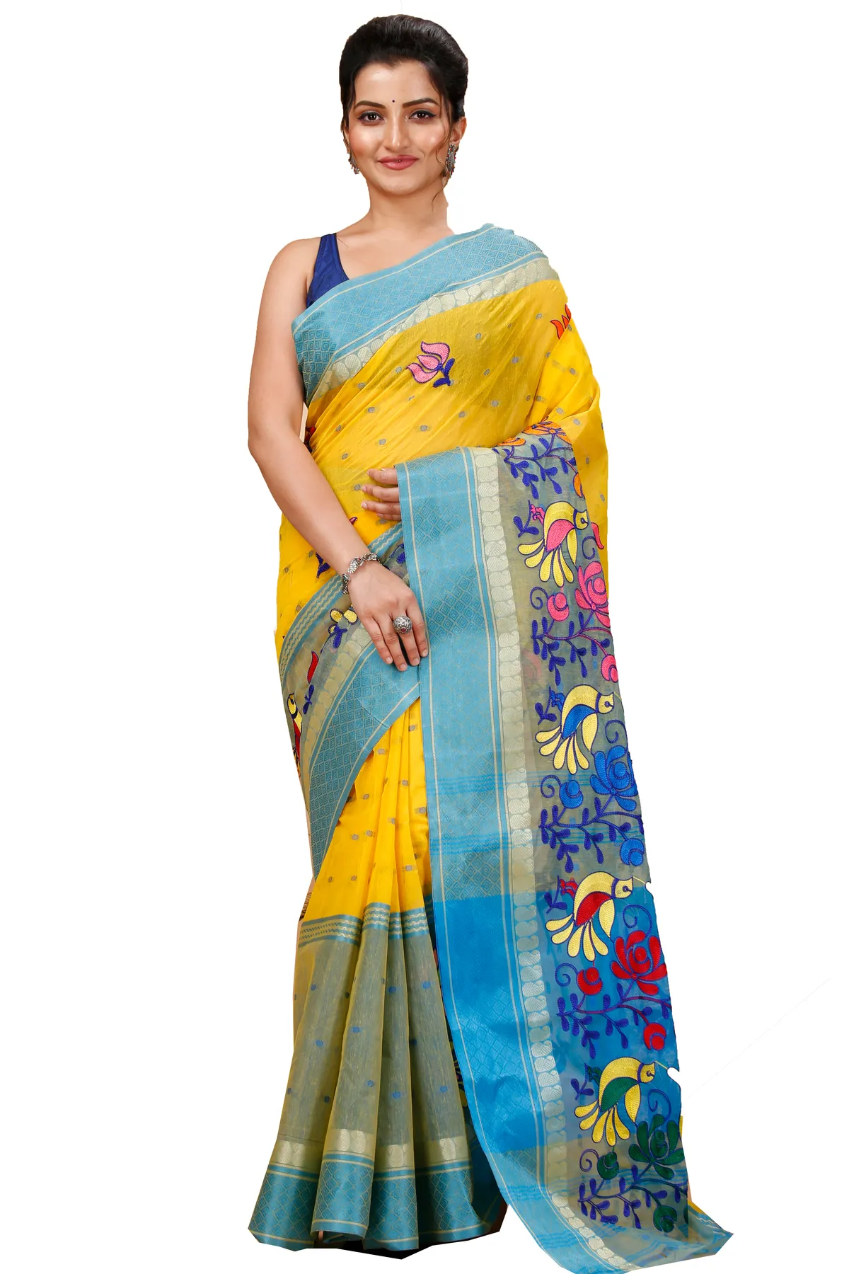 DipDiya Pure Cotton Light Yellow Embi Ganga Sib Timeless Elegance Embroidery Tant Sarees