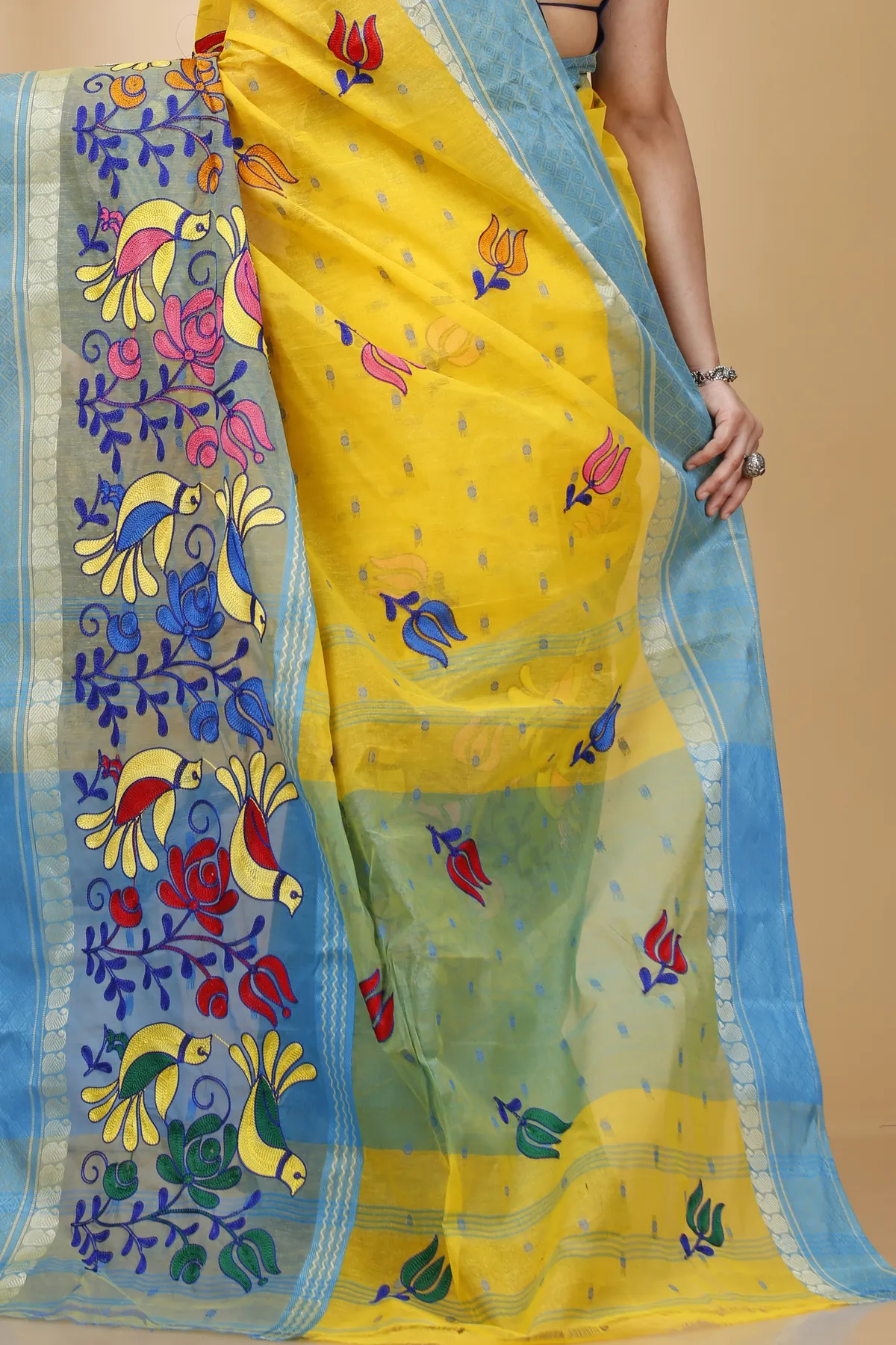 DipDiya Pure Cotton Light Yellow Embi Ganga Sib Timeless Elegance Embroidery Tant Sarees