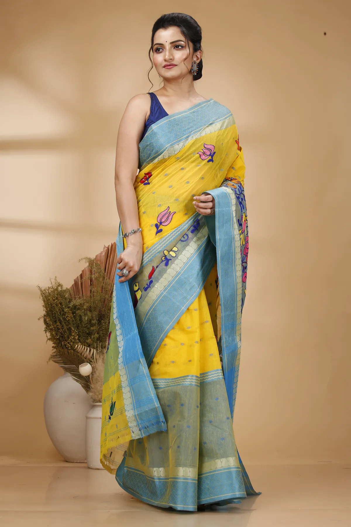 DipDiya Pure Cotton Light Yellow Embi Ganga Sib Timeless Elegance Embroidery Tant Sarees