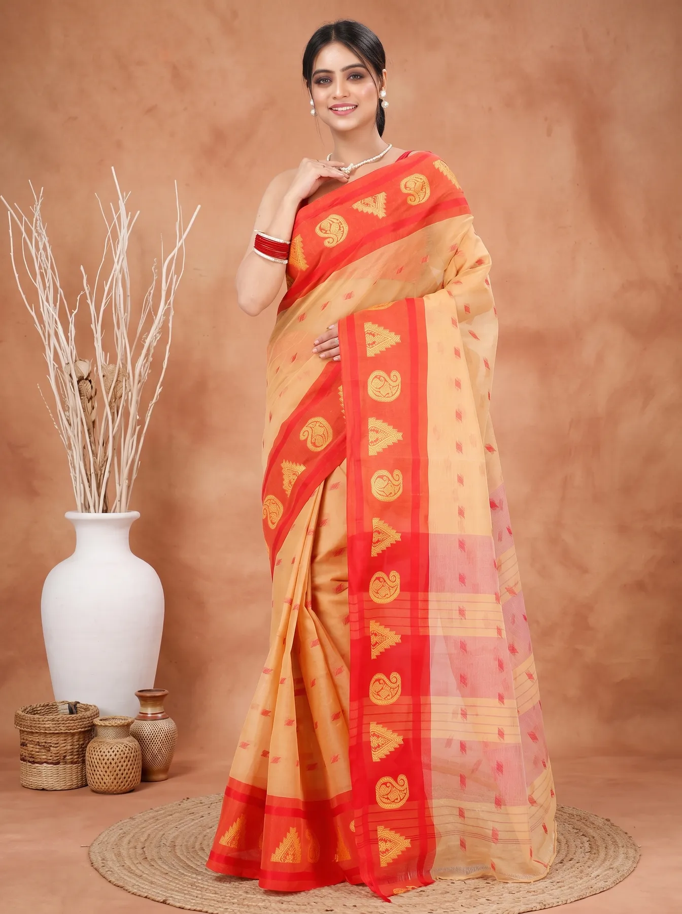 DipDiya Pure Cotton Light Yellow Emma Border Heritage of Bengal Tant Sarees