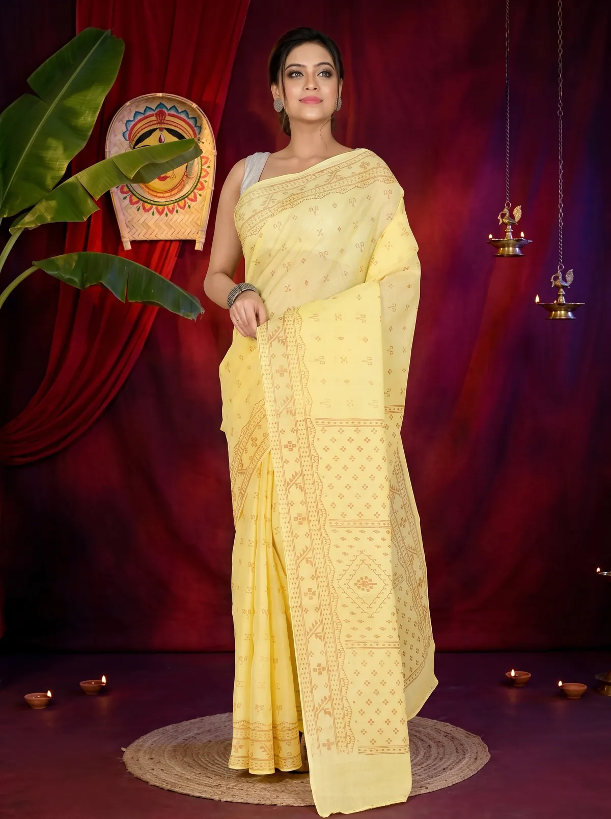 DipDiya Pure Cotton Light Yellow Liko Artisan Woven Printed Tant Sarees