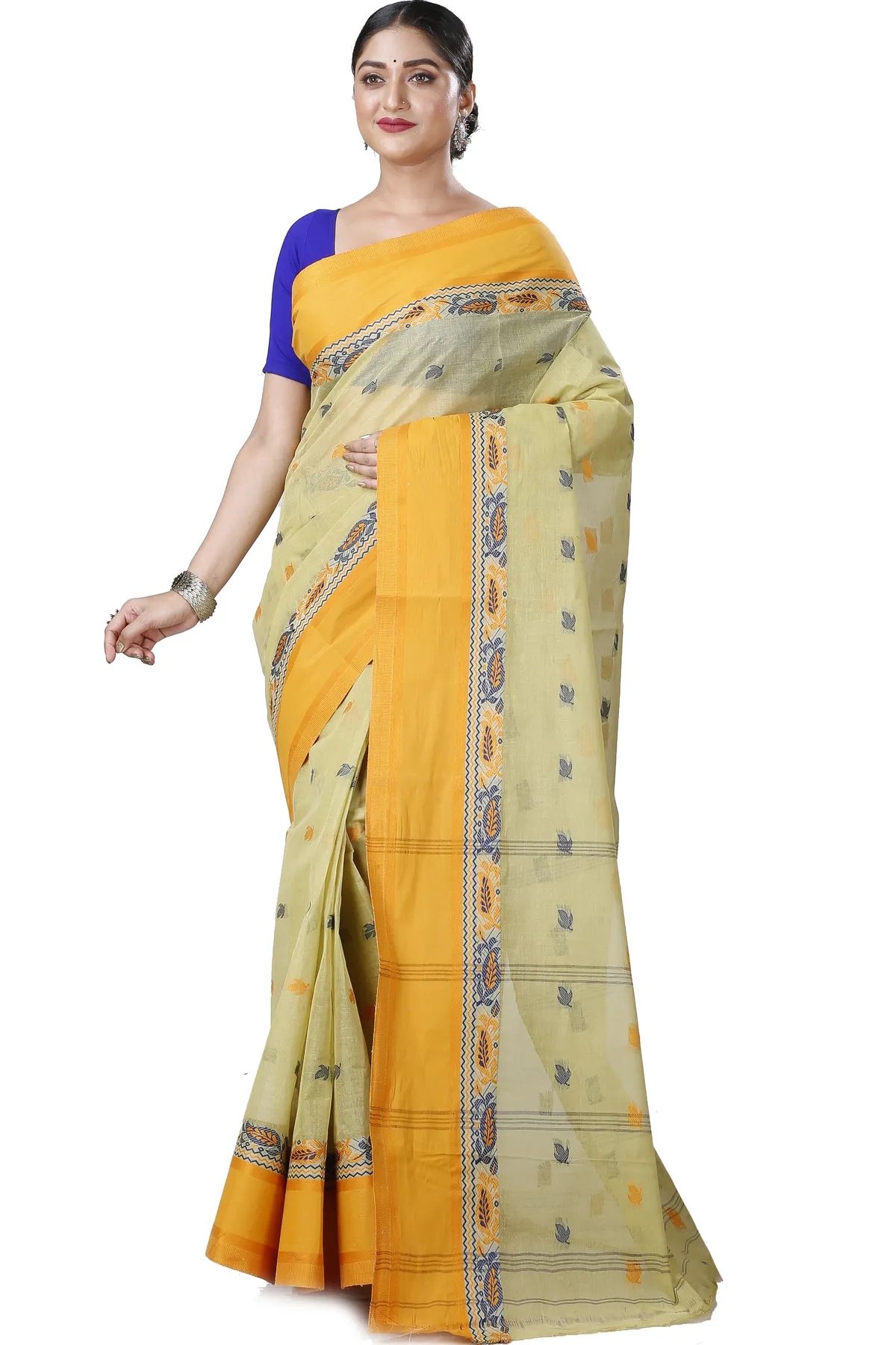 DipDiya Pure Cotton Light Yellow Provati Loom to Love Tant Sarees