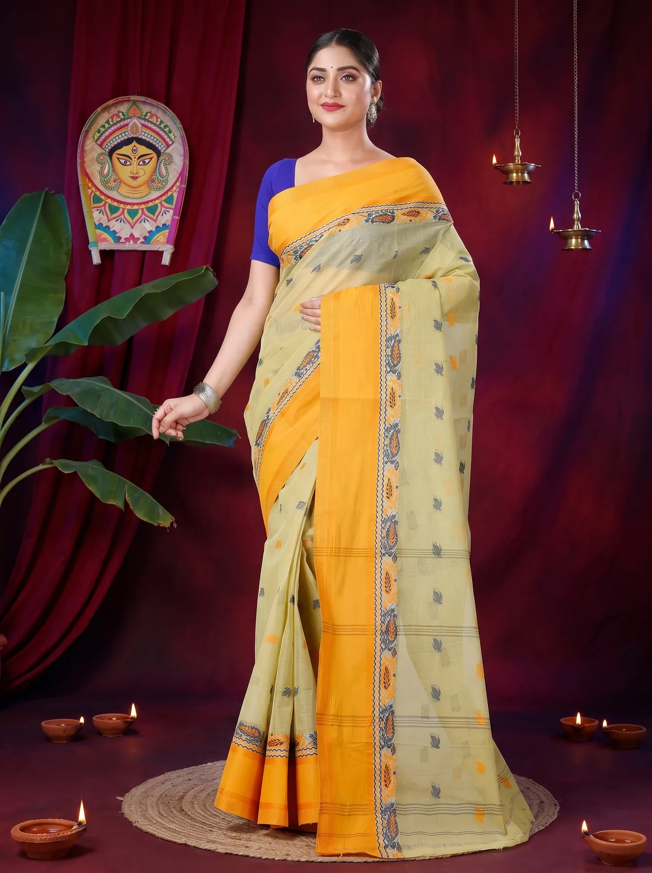 DipDiya Pure Cotton Light Yellow Provati Loom to Love Tant Sarees