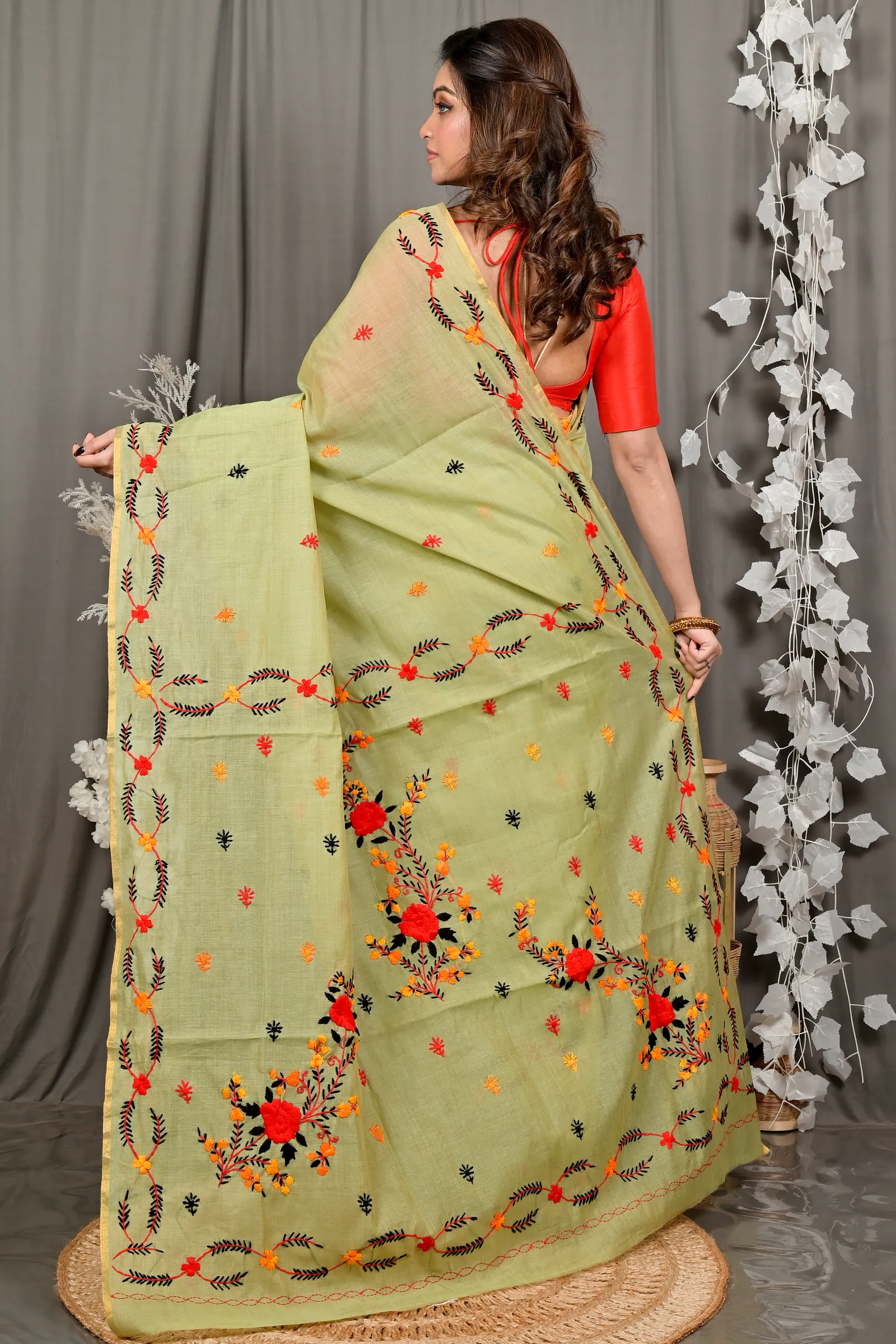 DipDiya Pure Cotton Lime Green Devui The Bengali Classic Kantha Stitch Sarees