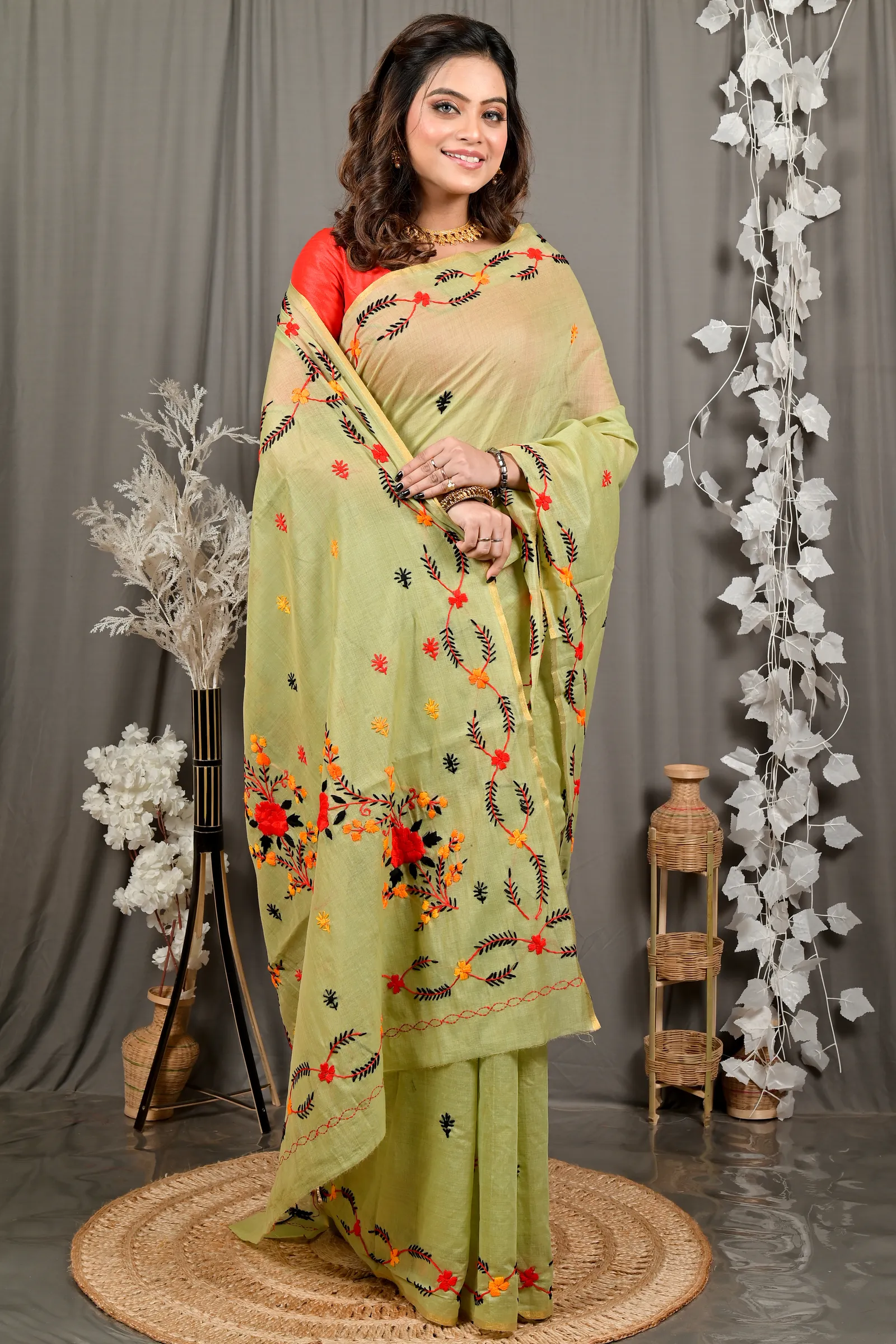 DipDiya Pure Cotton Lime Green Devui The Bengali Classic Kantha Stitch Sarees