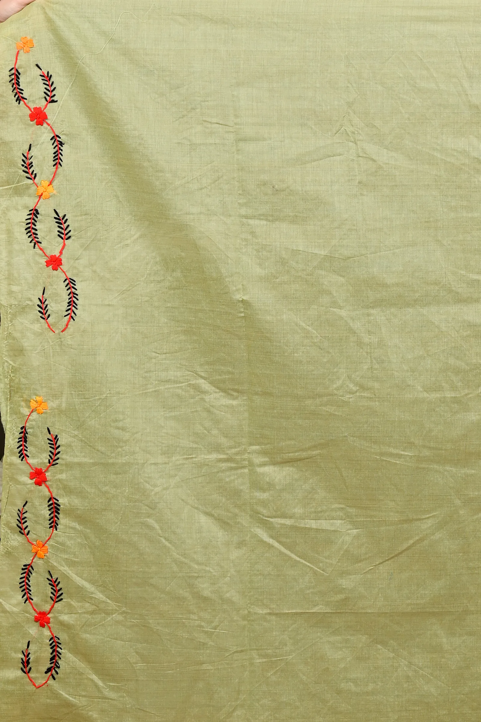DipDiya Pure Cotton Lime Green Devui The Bengali Classic Kantha Stitch Sarees