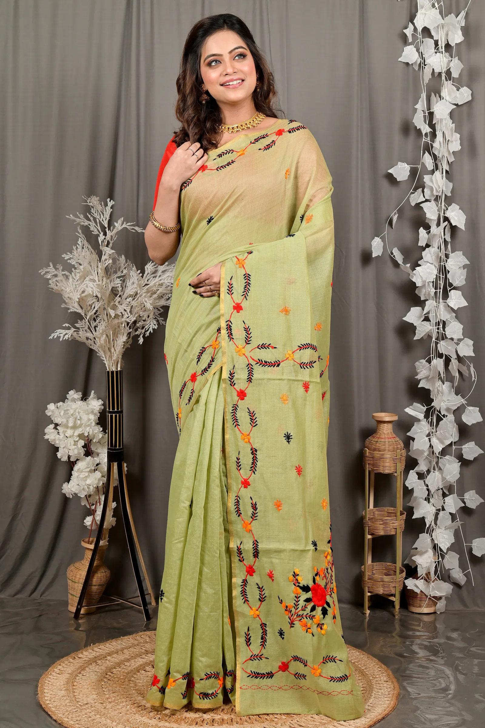 DipDiya Pure Cotton Lime Green Devui The Bengali Classic Kantha Stitch Sarees