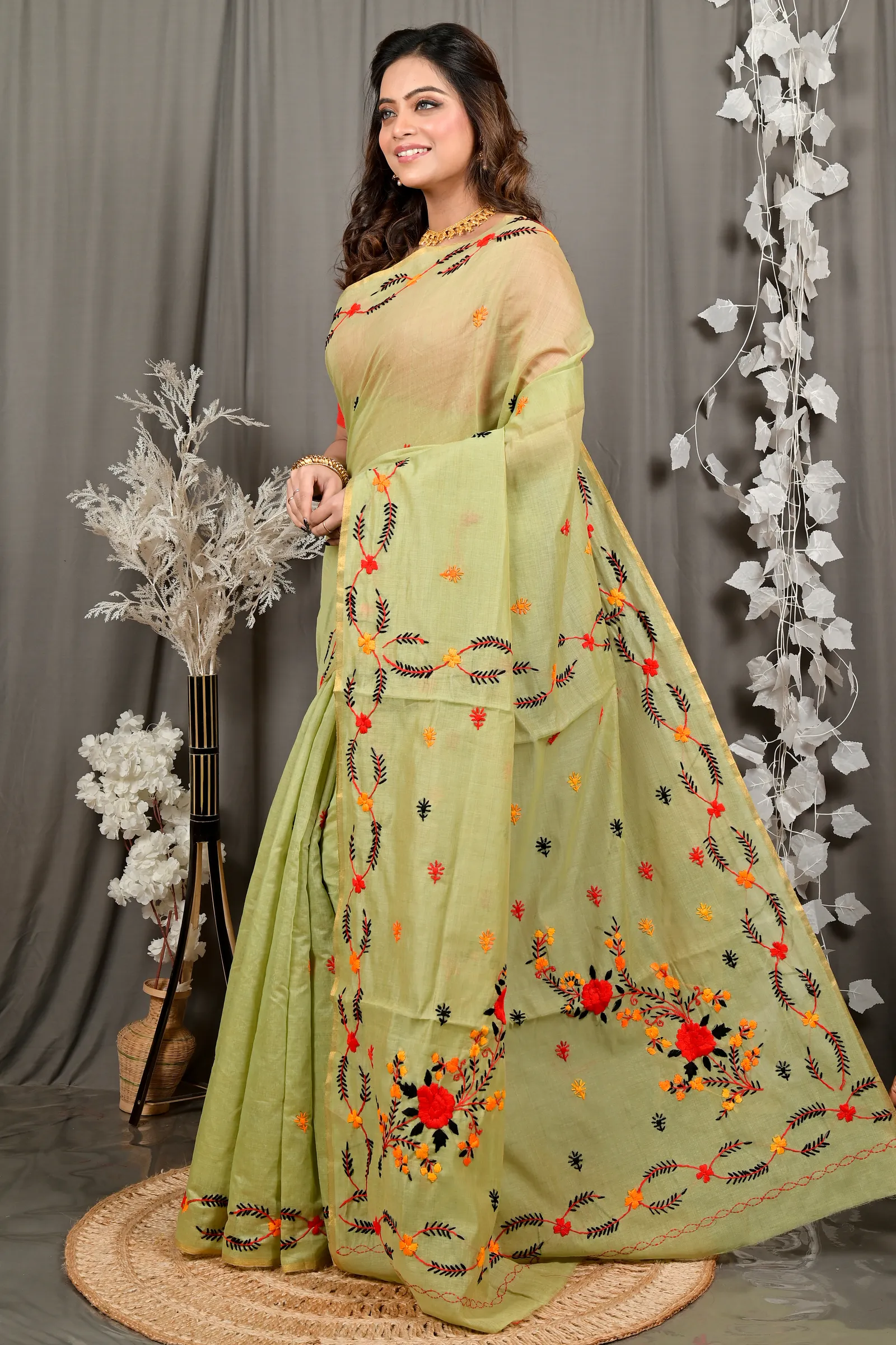 DipDiya Pure Cotton Lime Green Devui The Bengali Classic Kantha Stitch Sarees
