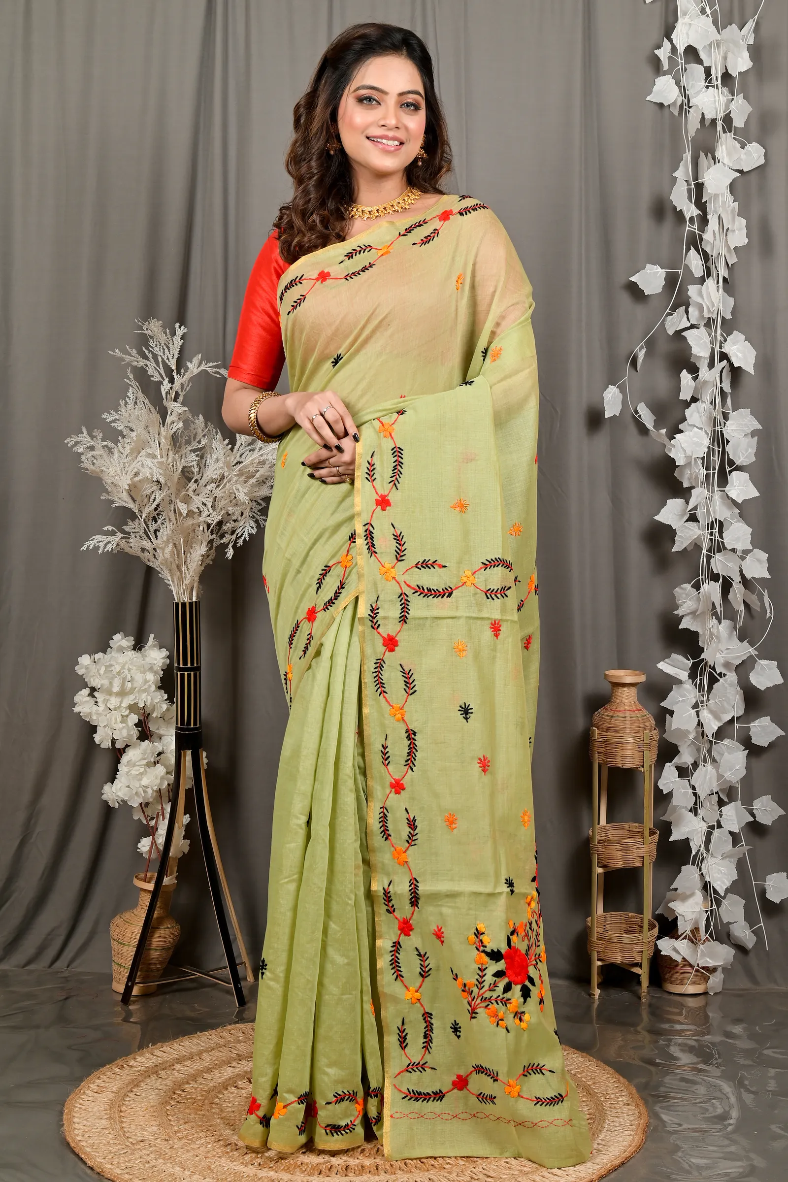 DipDiya Pure Cotton Lime Green Devui The Bengali Classic Kantha Stitch Sarees