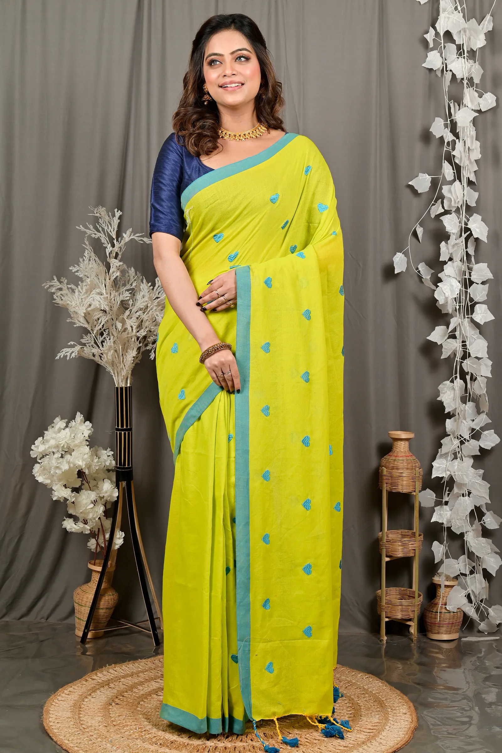 DipDiya Pure Cotton Lime Green Dhrli Bengal’s Legacy Embroidery Handloom sarees