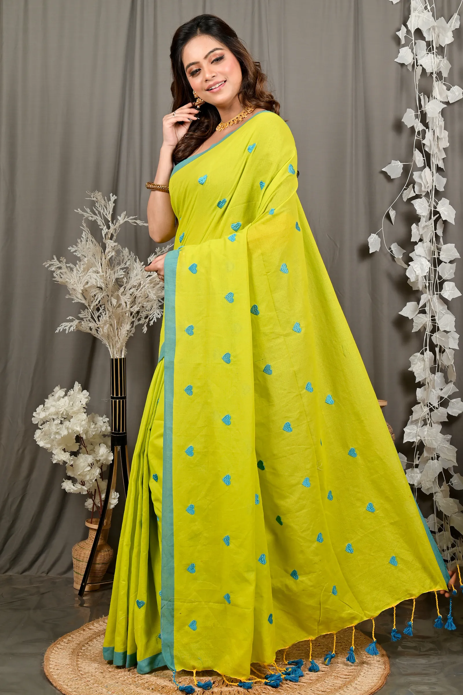 DipDiya Pure Cotton Lime Green Dhrli Bengal’s Legacy Embroidery Handloom sarees