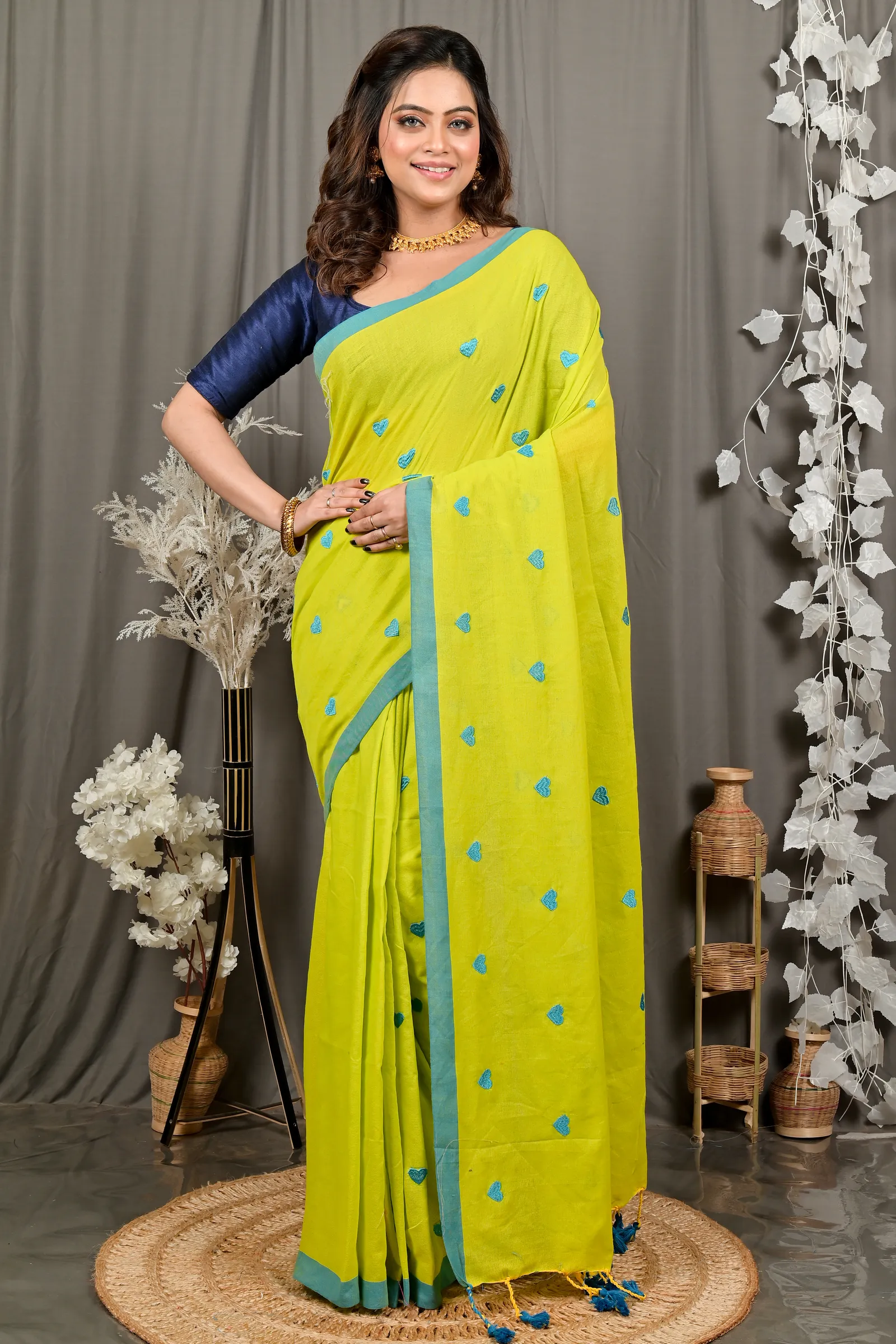 DipDiya Pure Cotton Lime Green Dhrli Bengal’s Legacy Embroidery Handloom sarees