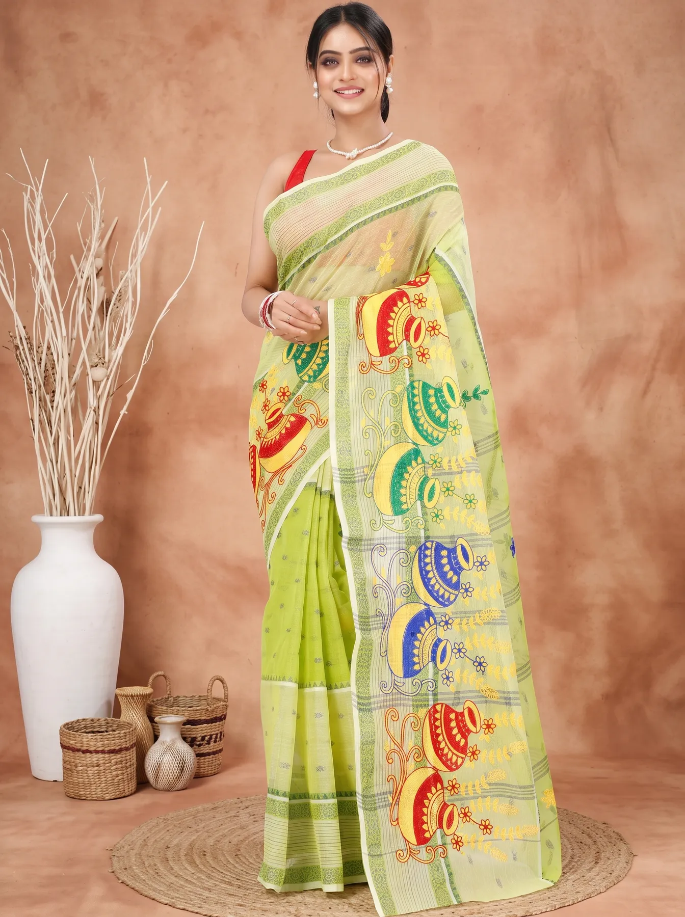DipDiya Pure Cotton Lime Green Embi Debdash Ghot Woven with Tradition Embroidery Tant Sarees