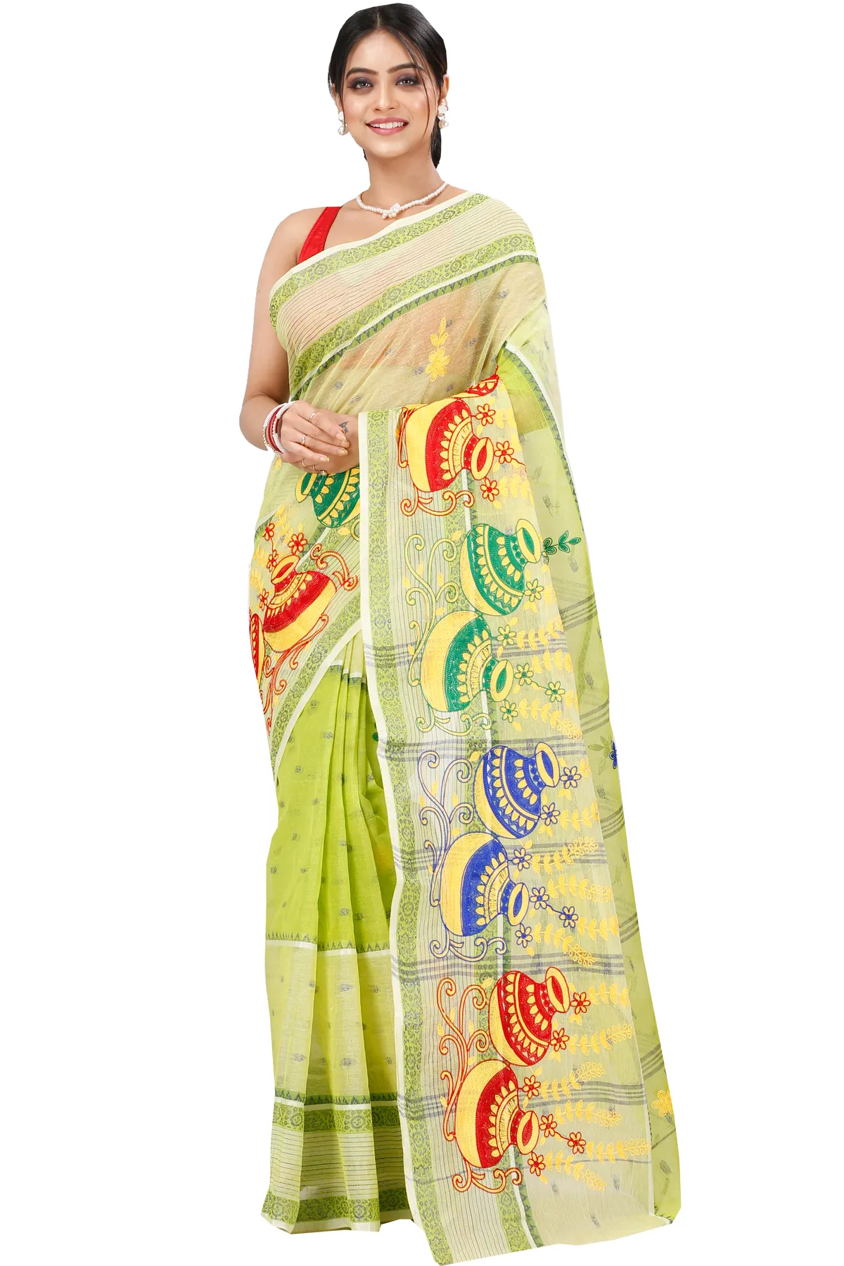 DipDiya Pure Cotton Lime Green Embi Debdash Ghot Woven with Tradition Embroidery Tant Sarees
