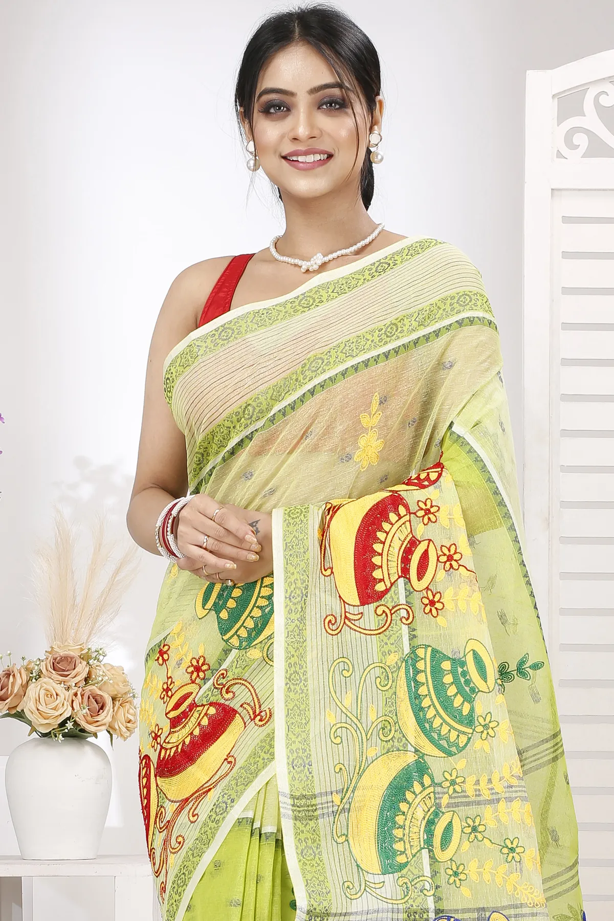 DipDiya Pure Cotton Lime Green Embi Debdash Ghot Woven with Tradition Embroidery Tant Sarees