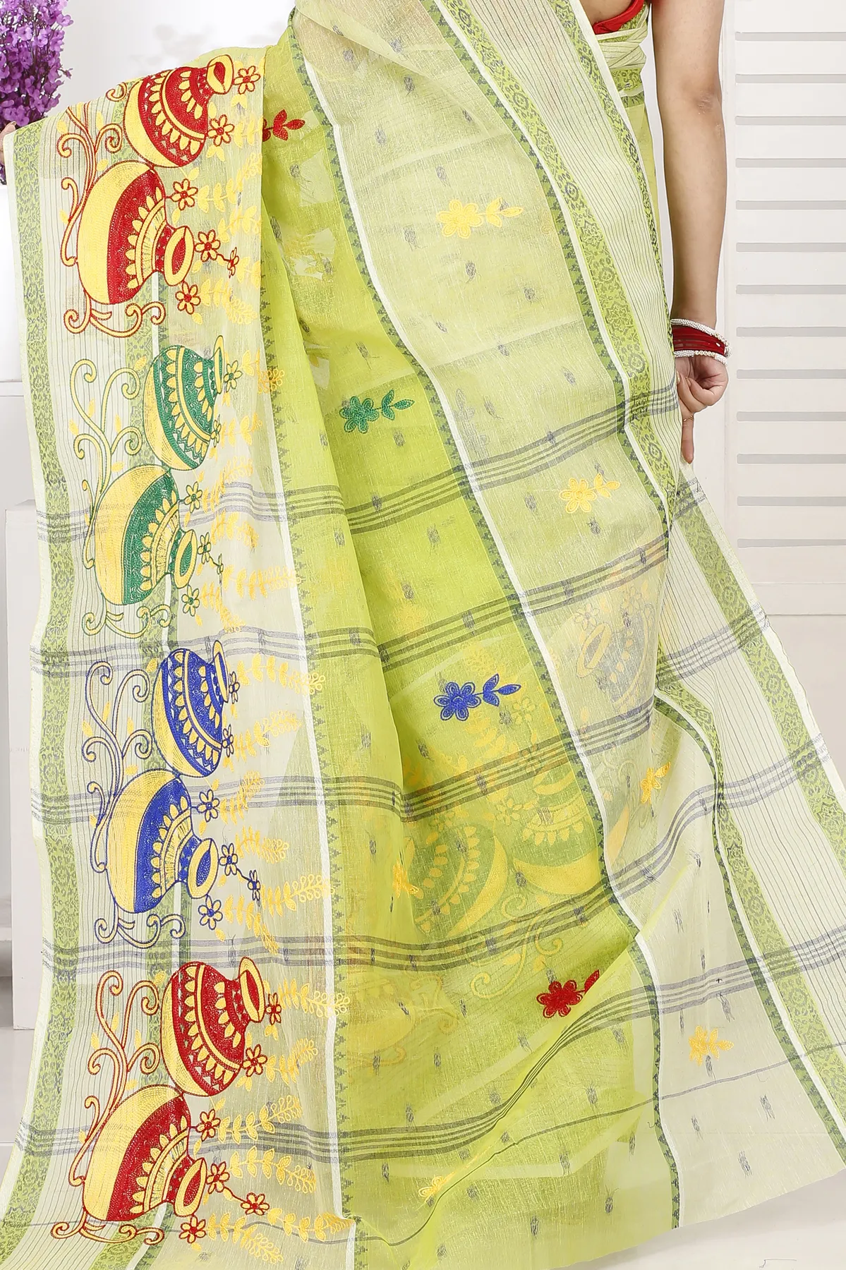 DipDiya Pure Cotton Lime Green Embi Debdash Ghot Woven with Tradition Embroidery Tant Sarees