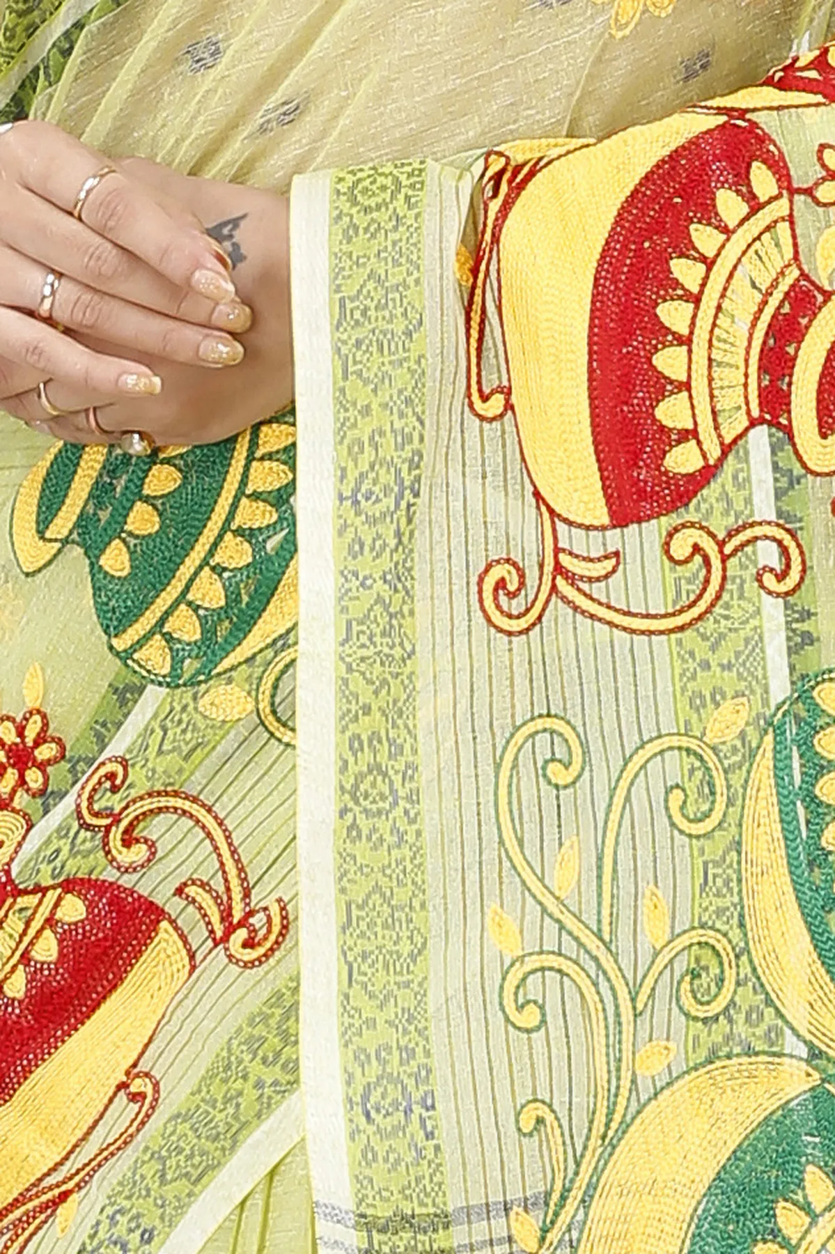 DipDiya Pure Cotton Lime Green Embi Debdash Ghot Woven with Tradition Embroidery Tant Sarees