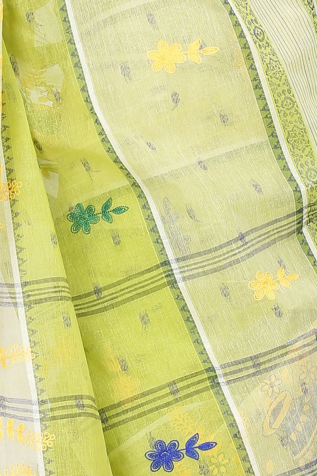 DipDiya Pure Cotton Lime Green Embi Debdash Ghot Woven with Tradition Embroidery Tant Sarees