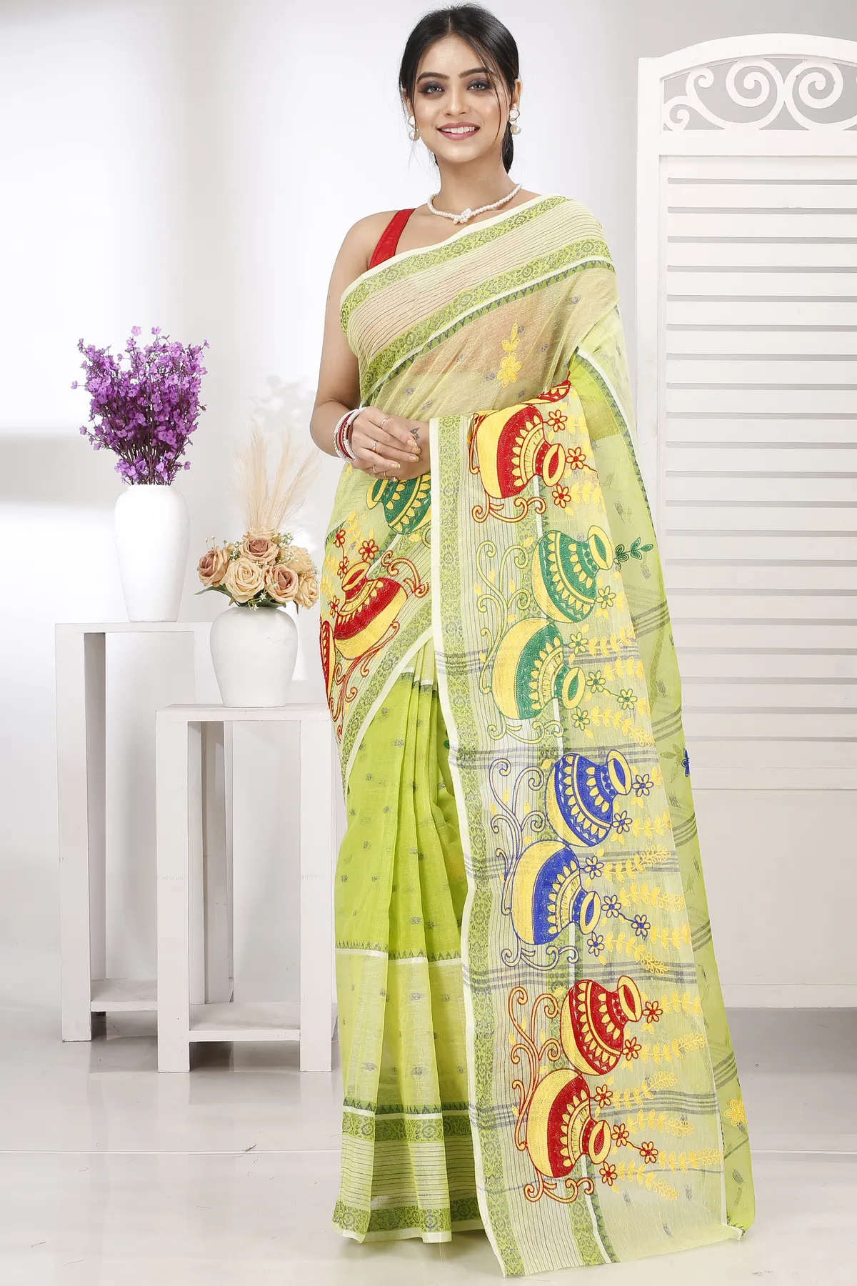 DipDiya Pure Cotton Lime Green Embi Debdash Ghot Woven with Tradition Embroidery Tant Sarees