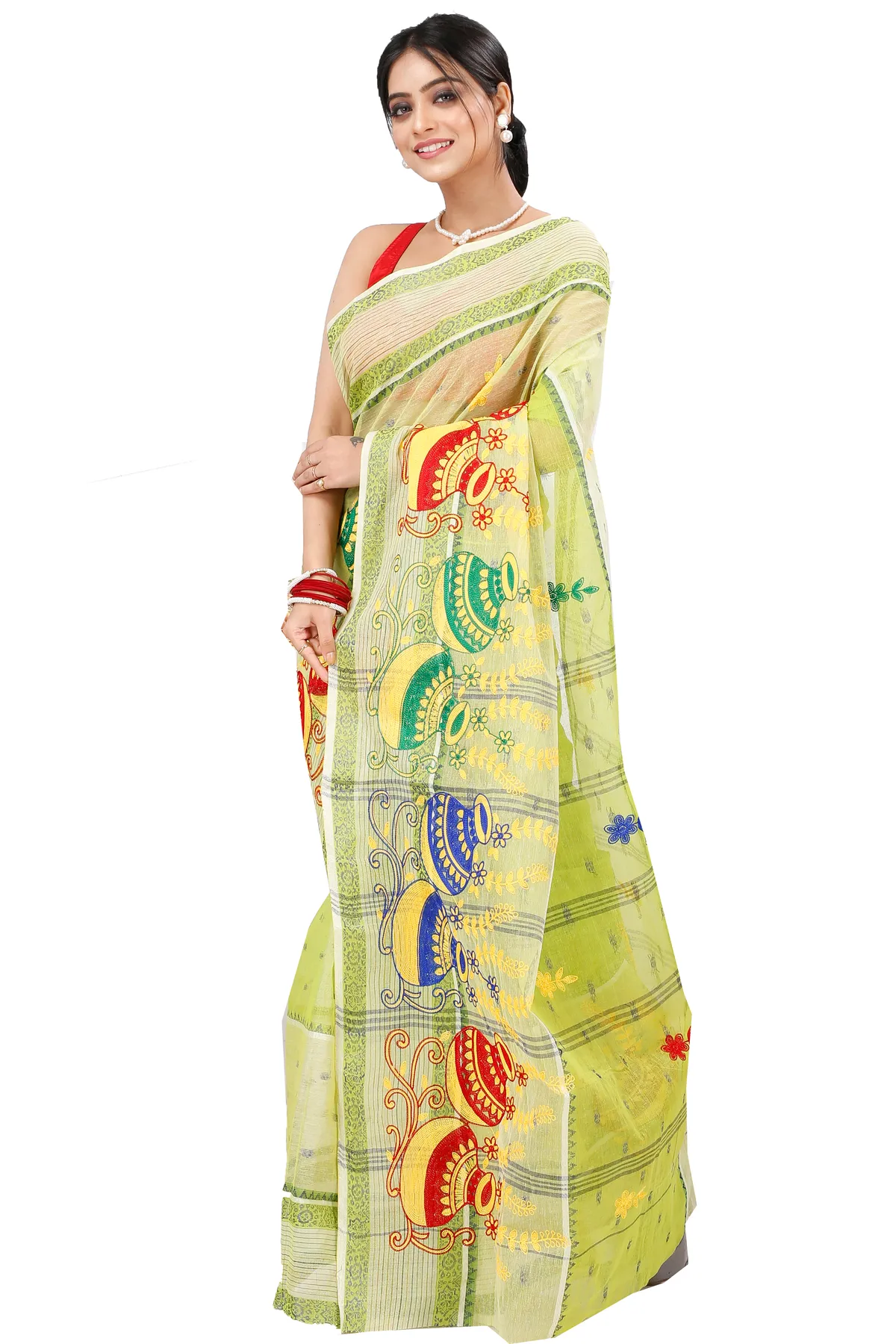 DipDiya Pure Cotton Lime Green Embi Debdash Ghot Woven with Tradition Embroidery Tant Sarees