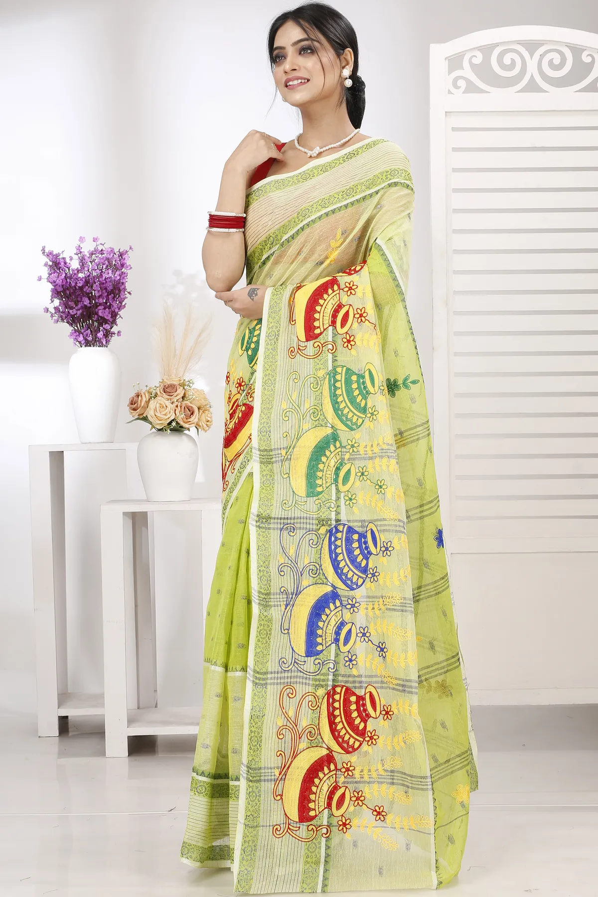 DipDiya Pure Cotton Lime Green Embi Debdash Ghot Woven with Tradition Embroidery Tant Sarees