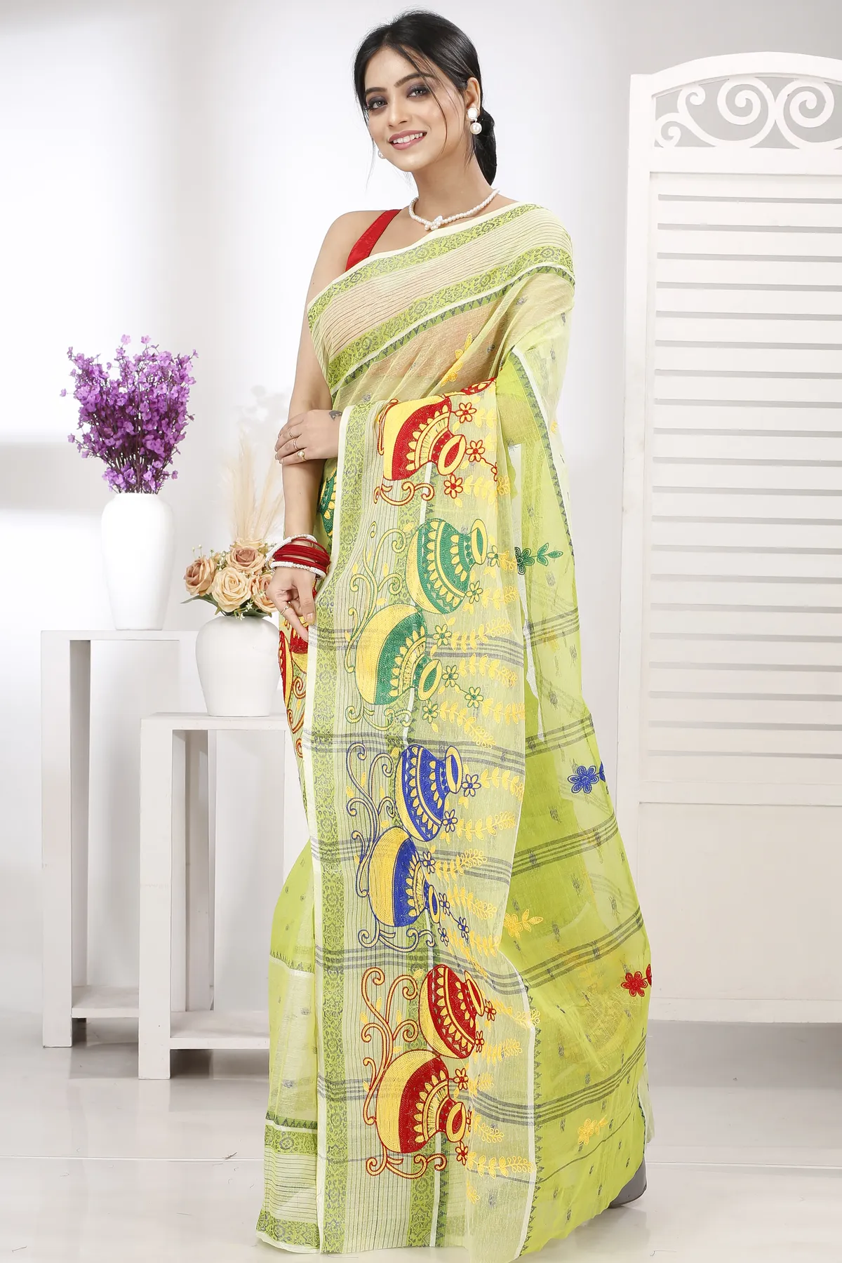 DipDiya Pure Cotton Lime Green Embi Debdash Ghot Woven with Tradition Embroidery Tant Sarees