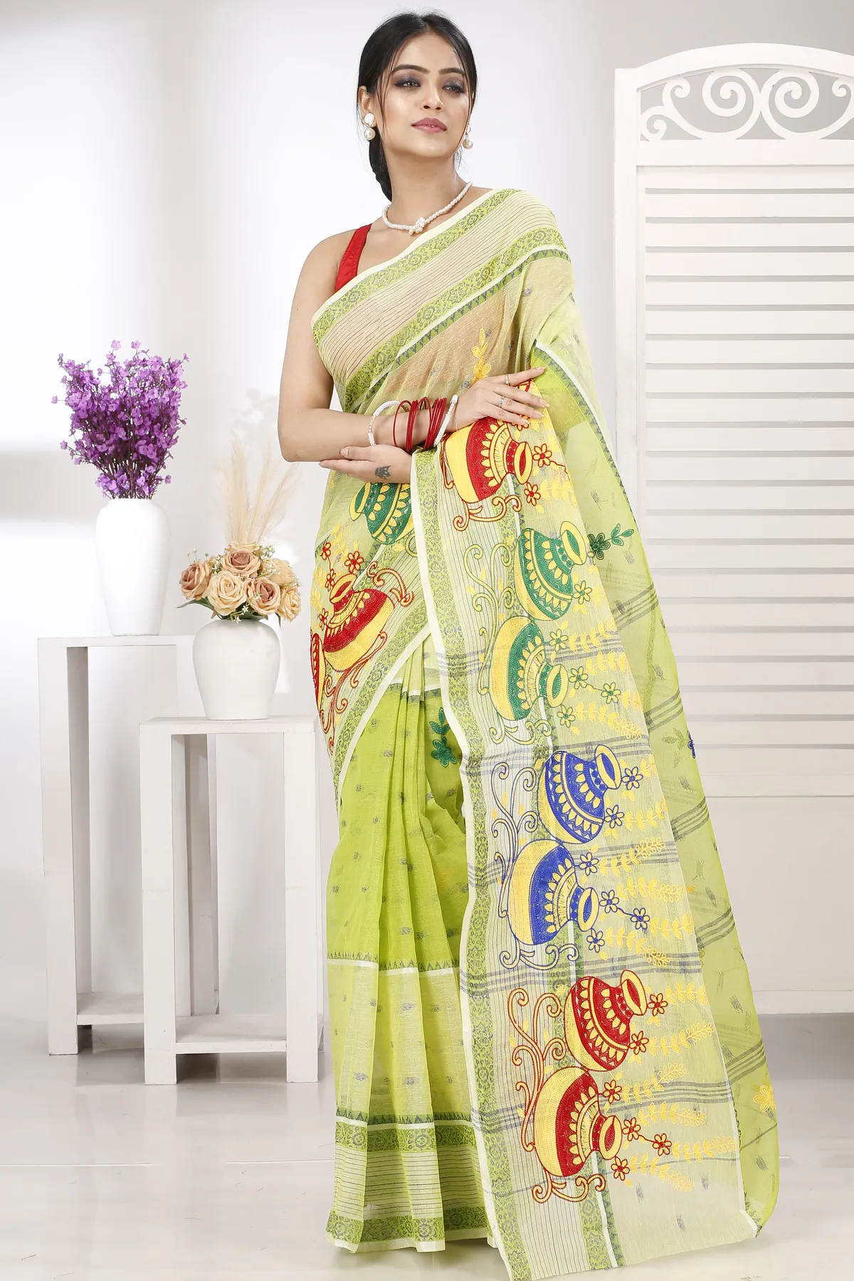 DipDiya Pure Cotton Lime Green Embi Debdash Ghot Woven with Tradition Embroidery Tant Sarees