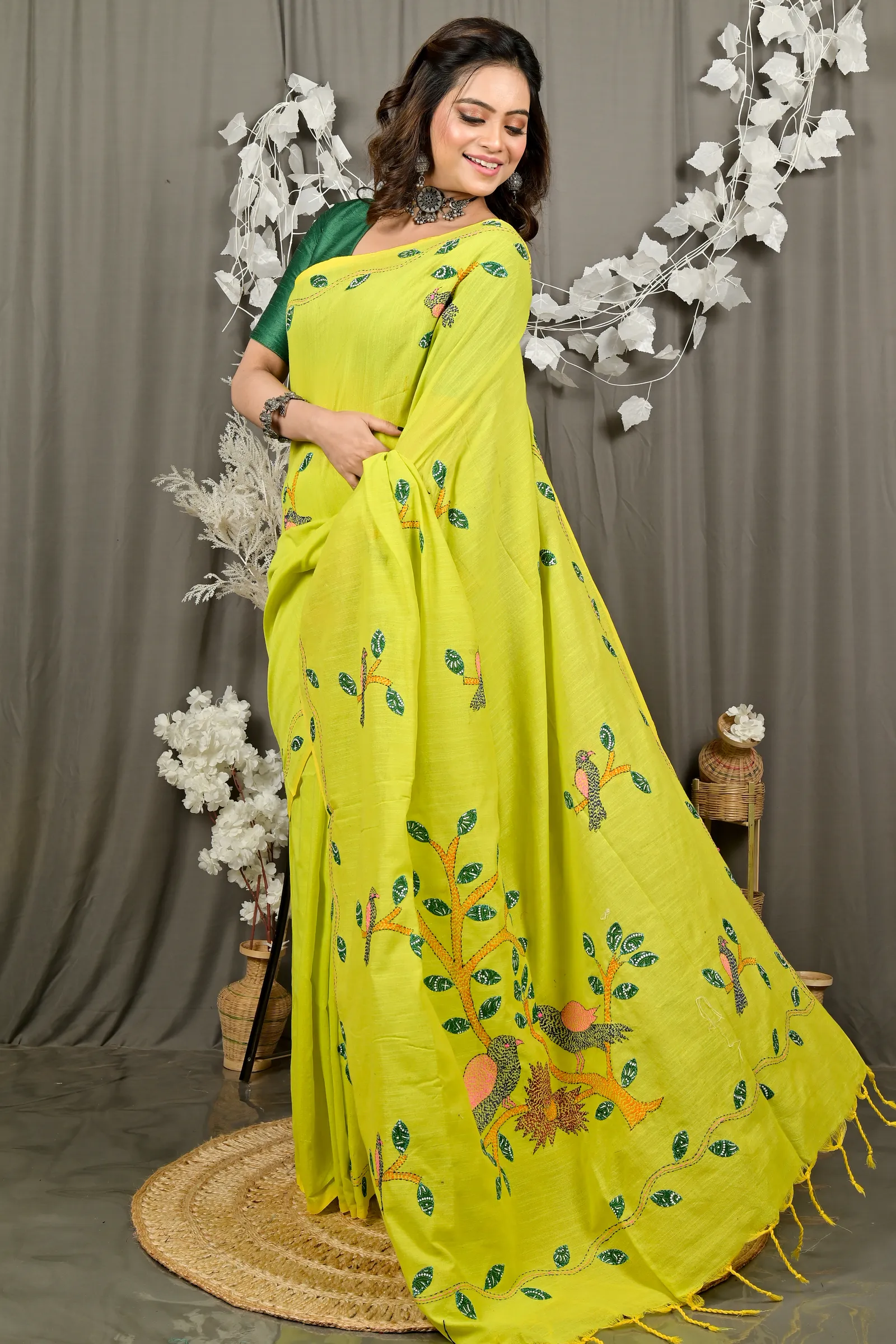 DipDiya Pure Cotton Lime Green Pakhi Loom to Love Kantha Stitch Sarees