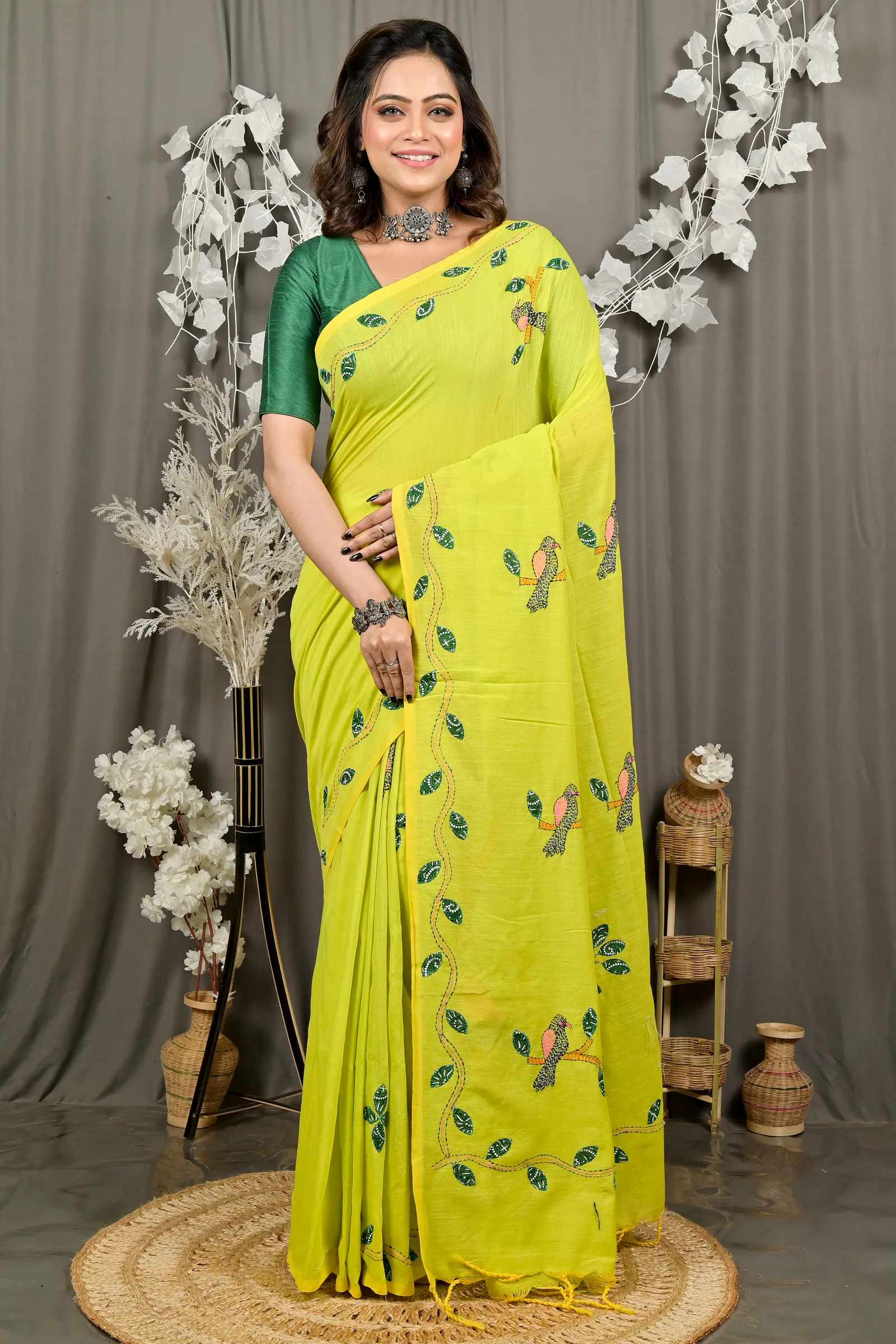 DipDiya Pure Cotton Lime Green Pakhi Loom to Love Kantha Stitch Sarees