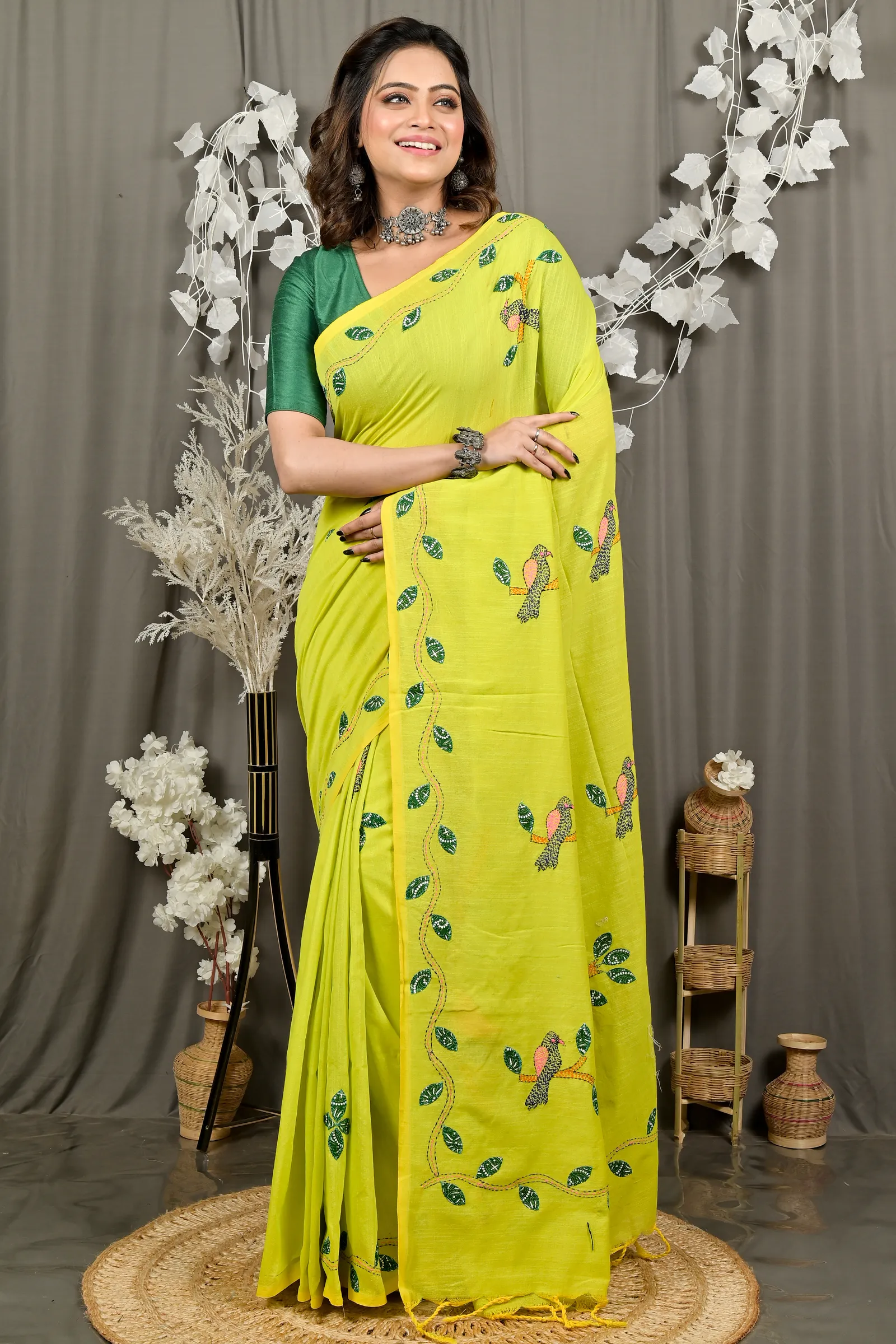 DipDiya Pure Cotton Lime Green Pakhi Loom to Love Kantha Stitch Sarees