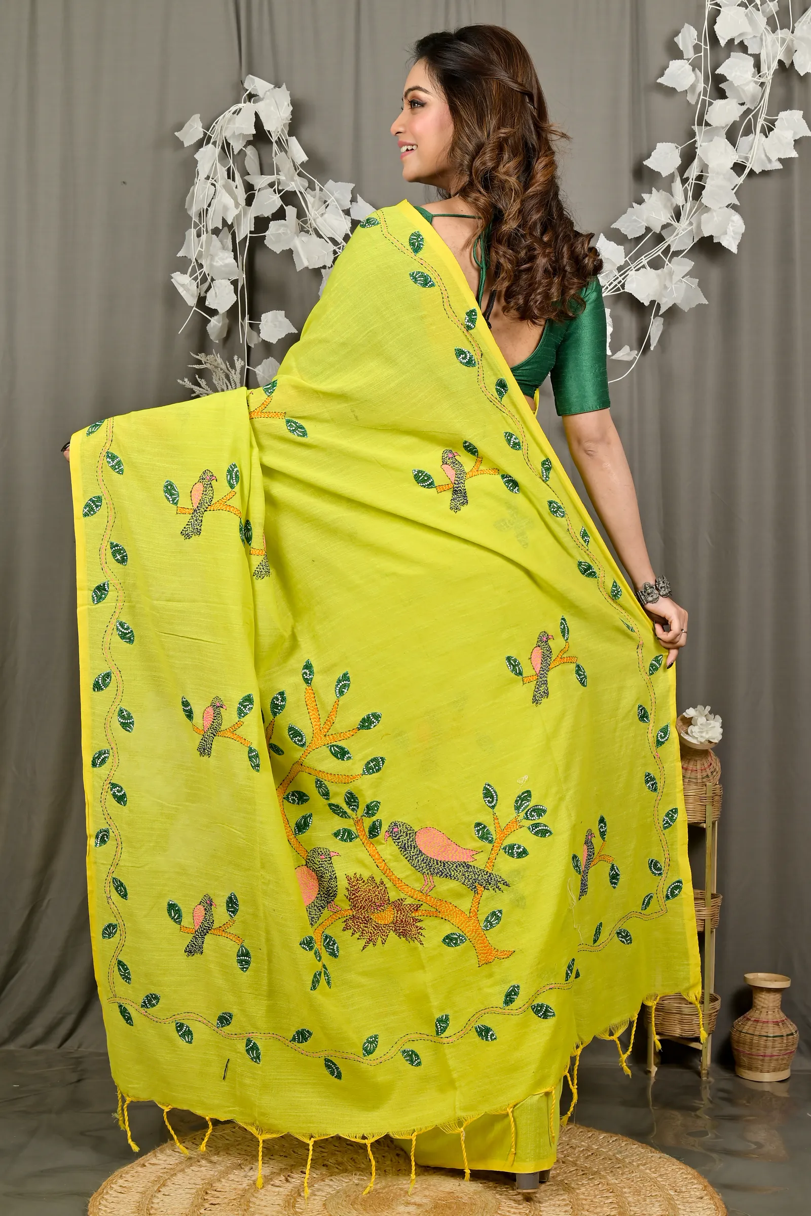 DipDiya Pure Cotton Lime Green Pakhi Loom to Love Kantha Stitch Sarees
