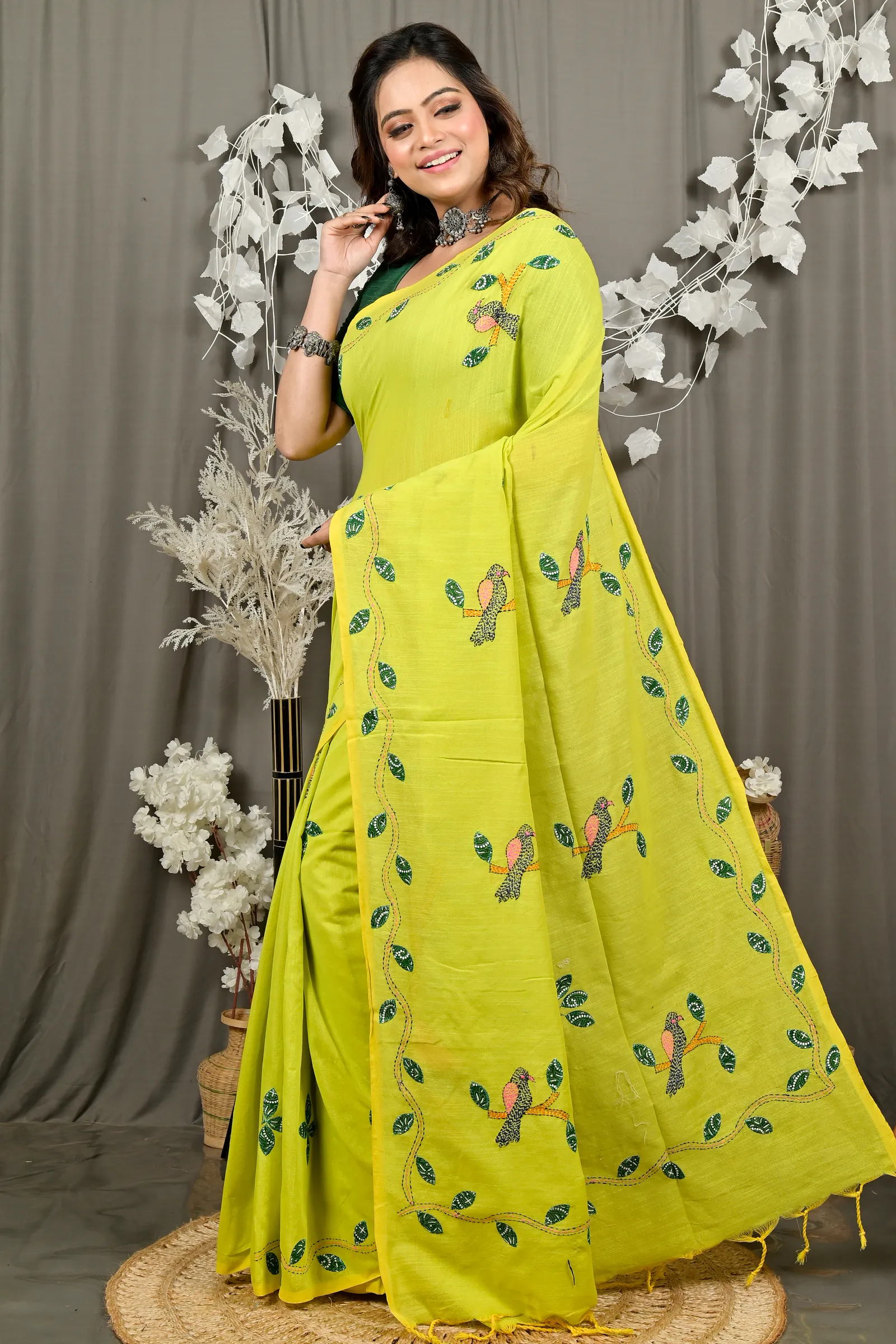 DipDiya Pure Cotton Lime Green Pakhi Loom to Love Kantha Stitch Sarees