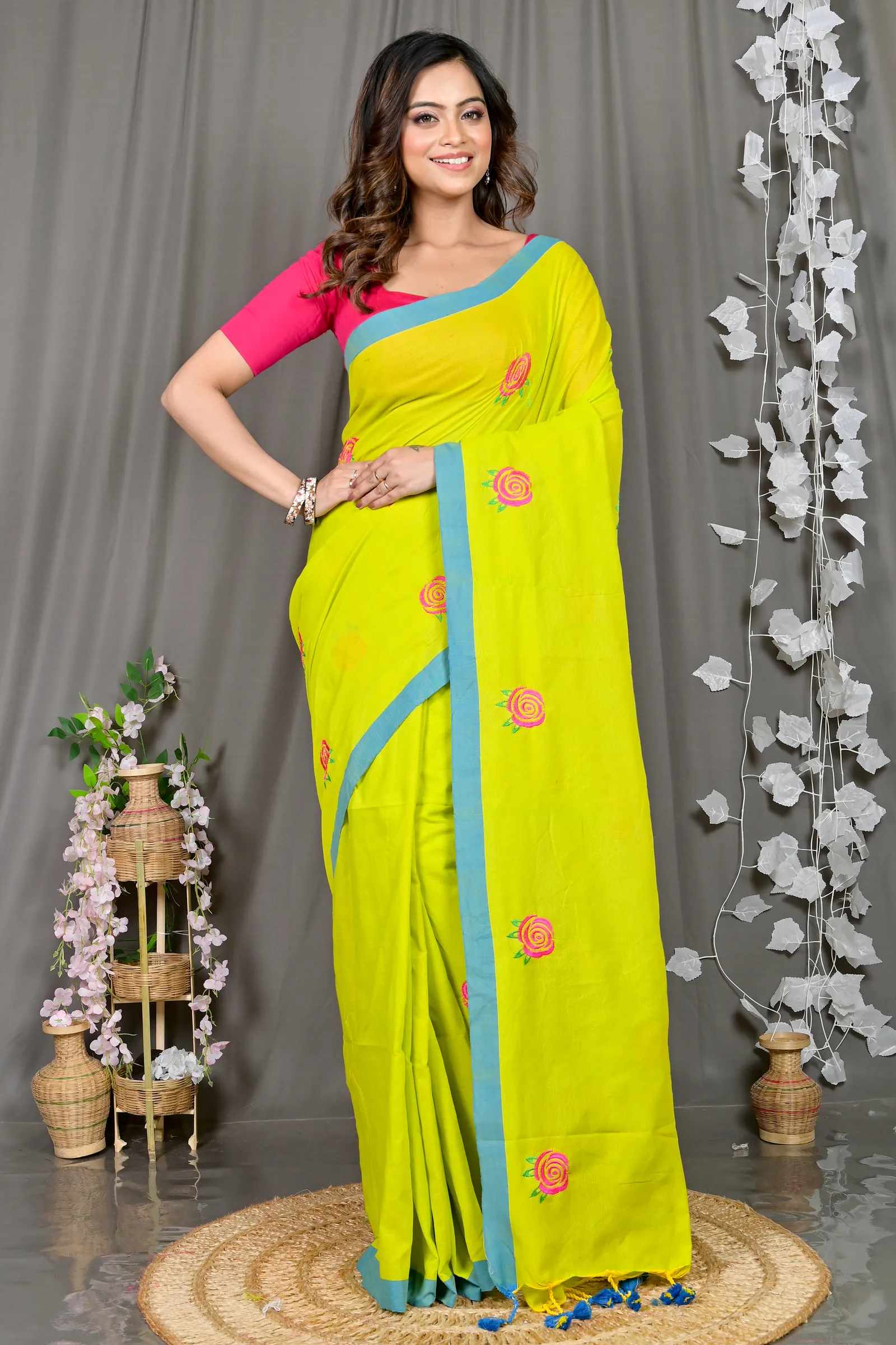 DipDiya Pure Cotton Lime Green Parag Artisan Crafted Embroidery Handloom sarees